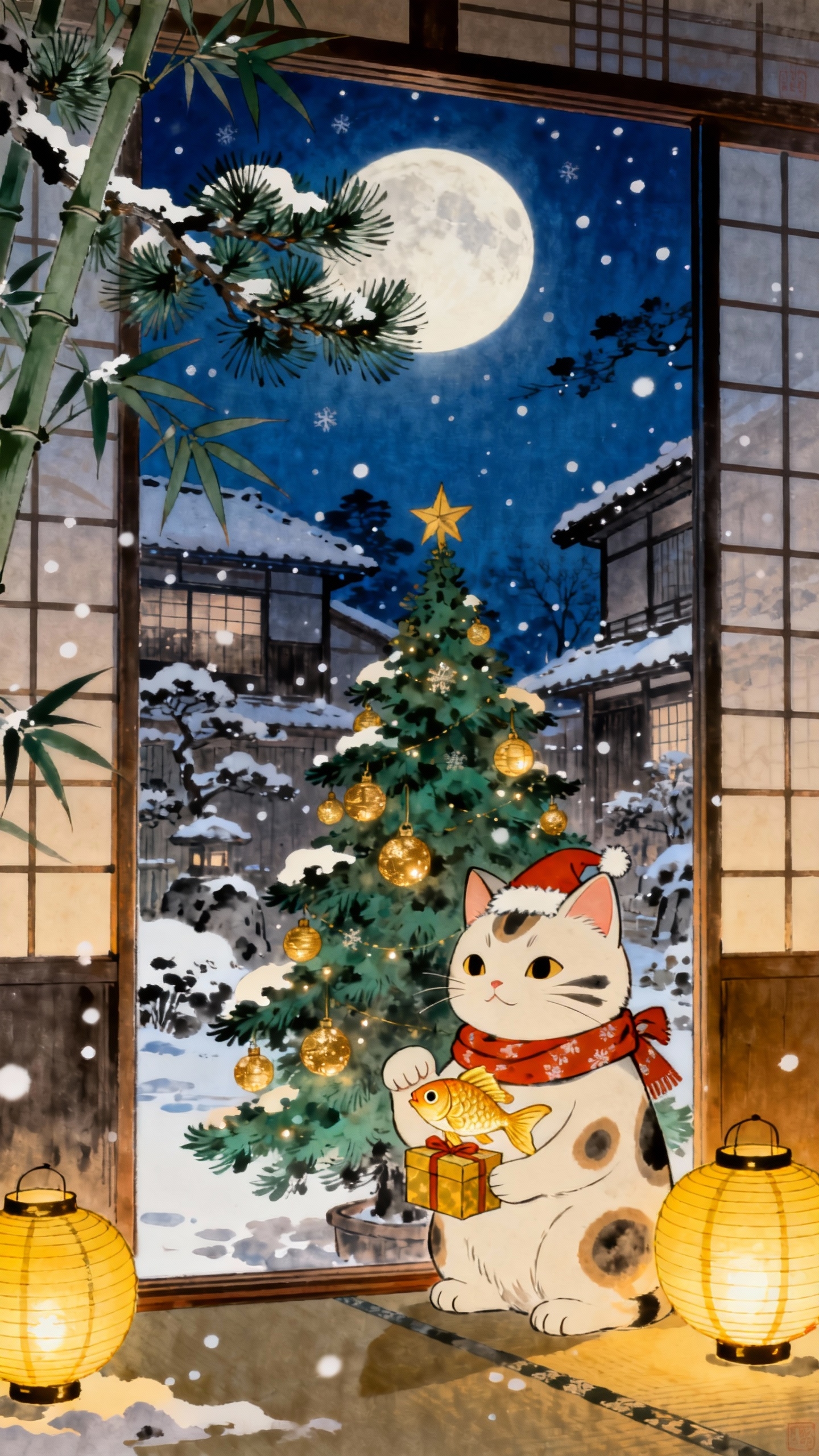 Christmas Cat Japanese Style - 4K Wallpaper