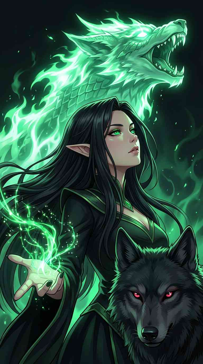Elf Summoner with Ghost Wolf - 4K Phone Background