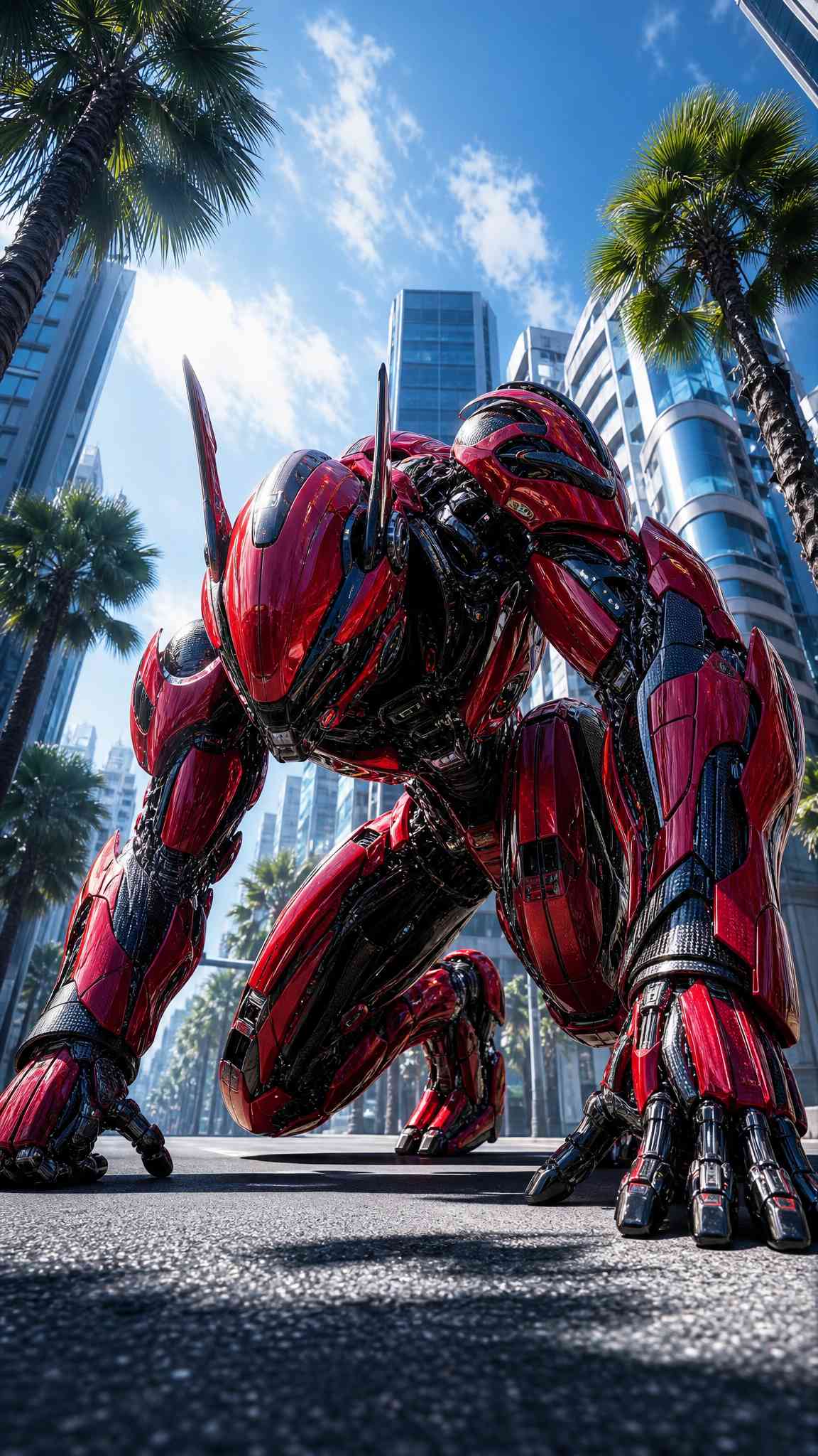 Red Futuristic Robot in City - 4K Mobile Wallpaper