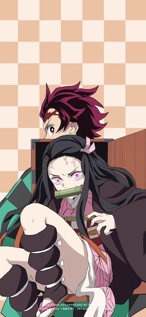 Une illustration minimaliste de Tanjiro et Nezuko Kamado de Demon Slayer sur un fond à damier beige. Nezuko sort de sa boîte.