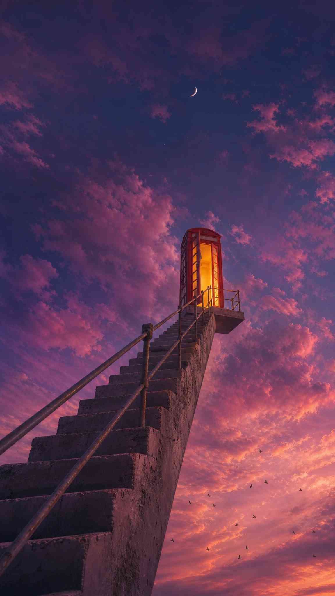 Surreal Stairway to Sky Phone Booth - 4K Wallpaper