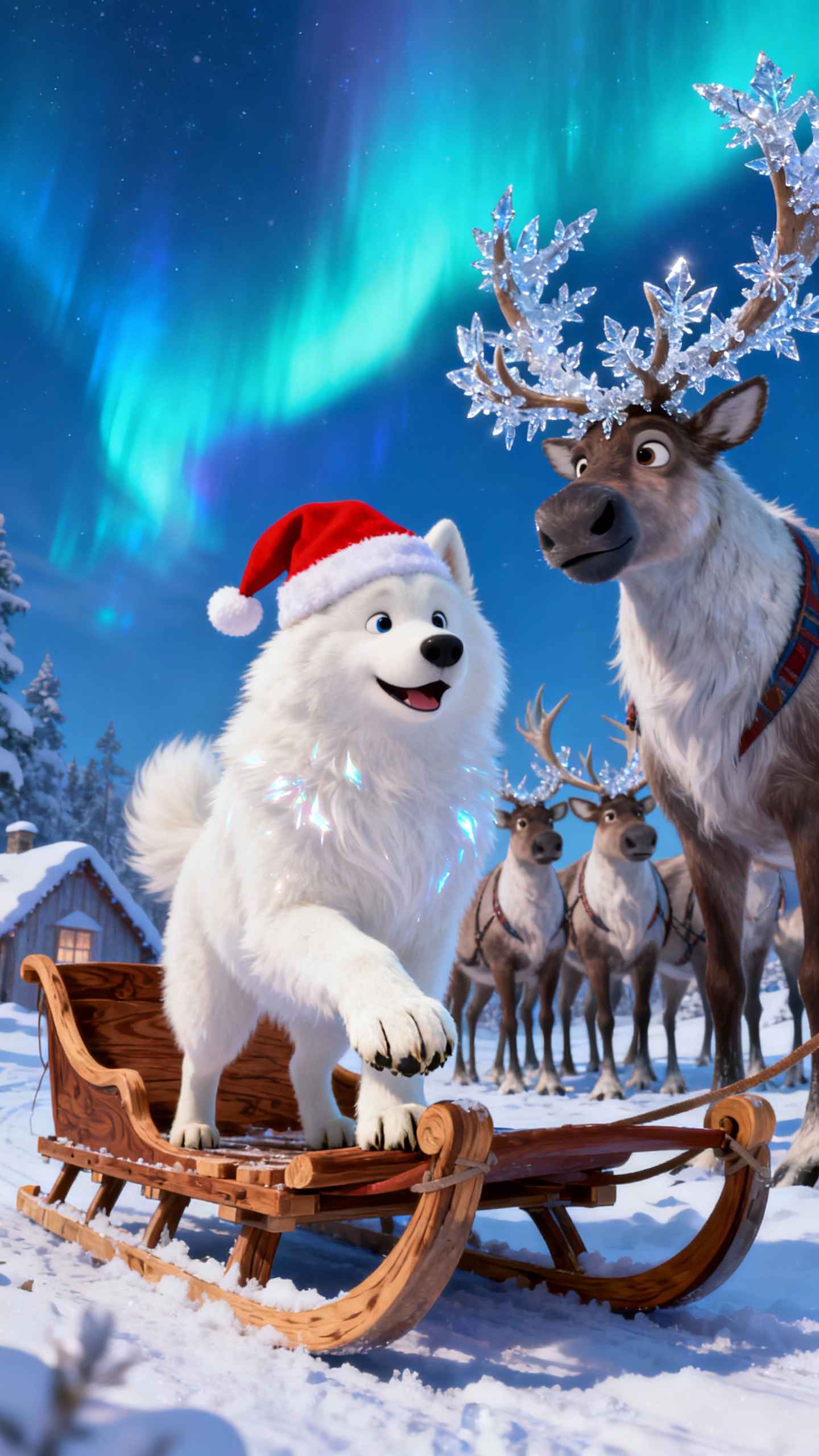 산타 모자를 쓴 하얀 강아지가 썰매 위에 있고, 뒤에 루돌프와 오로라가 펼쳐진 아름다운 겨울 풍경.