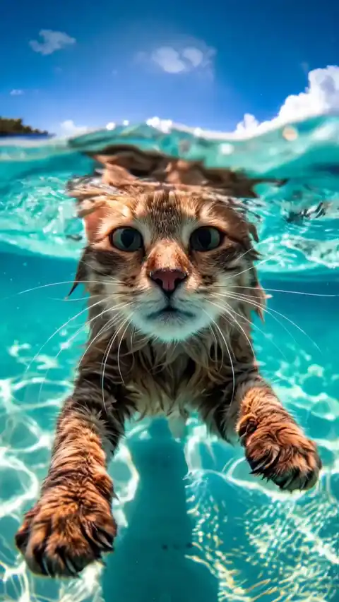 Adorable Cat Swimming in Clear Water Live Wallpaper