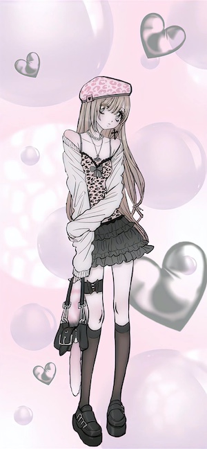 Y2K辣妹風格動漫少女，穿著豹紋配件，粉色氣泡與金屬愛心背景。