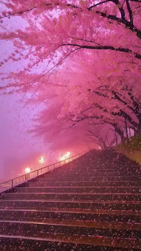 櫻花樹下階梯與漫天飛舞櫻花瓣的動態影像。