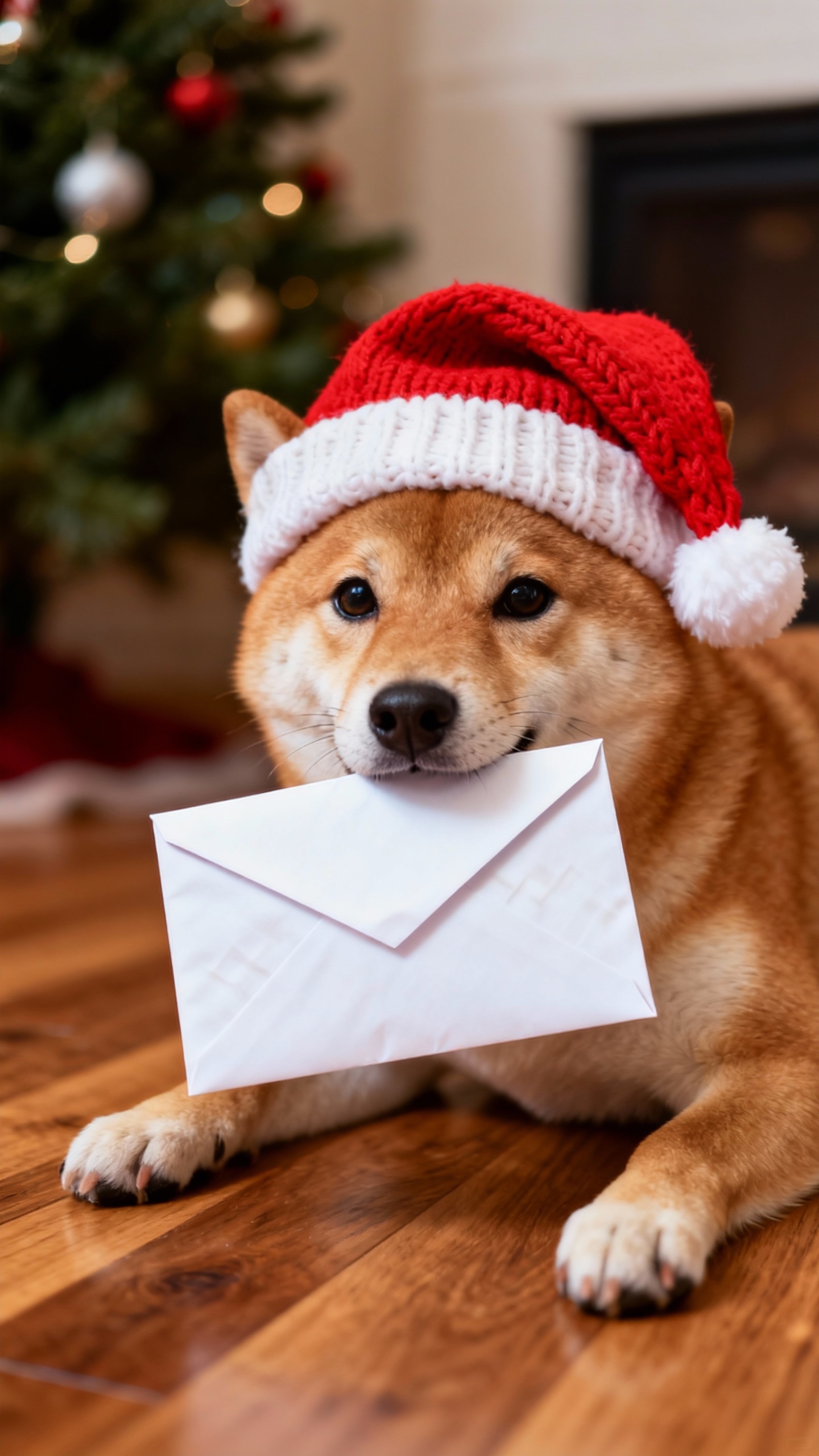 Shiba Inu Christmas Santa Hat - 4K Wallpaper