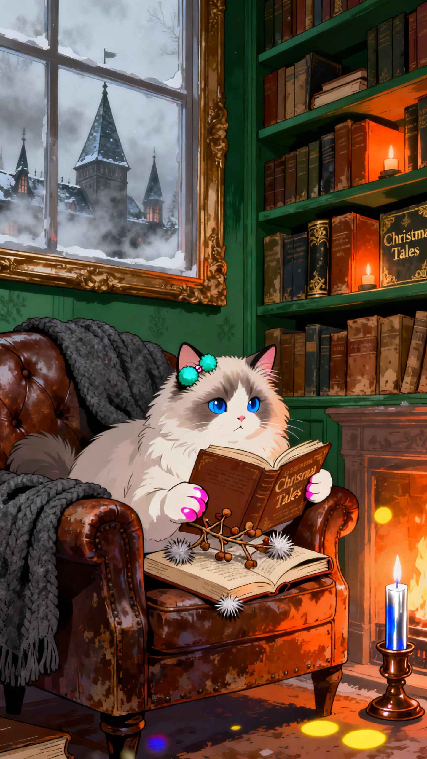 Cozy Christmas Cat Reading - 4K Phone Background