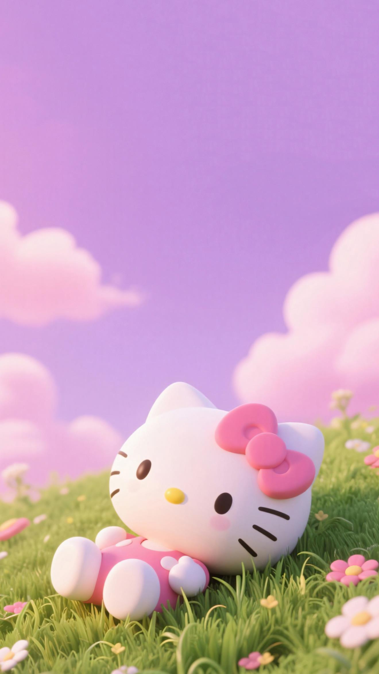 Hello Kitty en 3D acostada en un campo de flores con nubes rosadas y un cielo violeta suave.