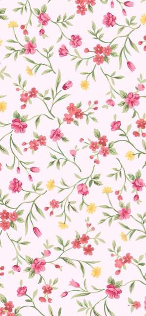 淡粉色背景上帶有粉紅色和黃色小花的復古風格垂直手機壁紙。