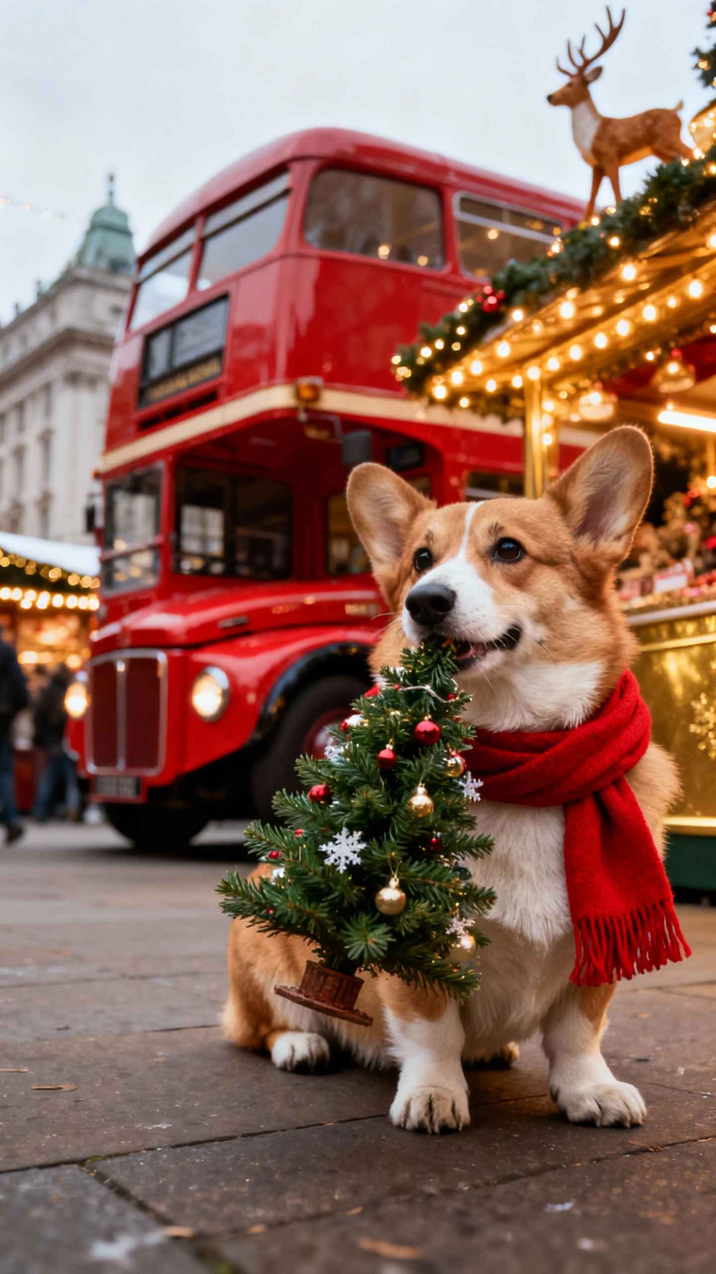 クリスマスのコーギーとロンドンバス - 4K壁紙