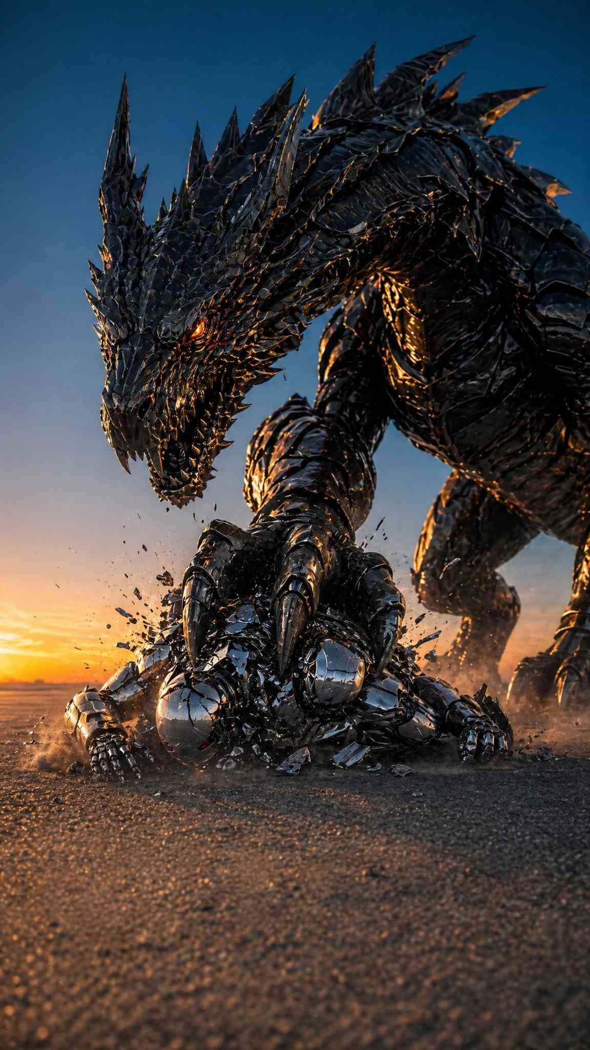 Fondo de Pantalla Épico Dragón Oscuro Aplastando Robot