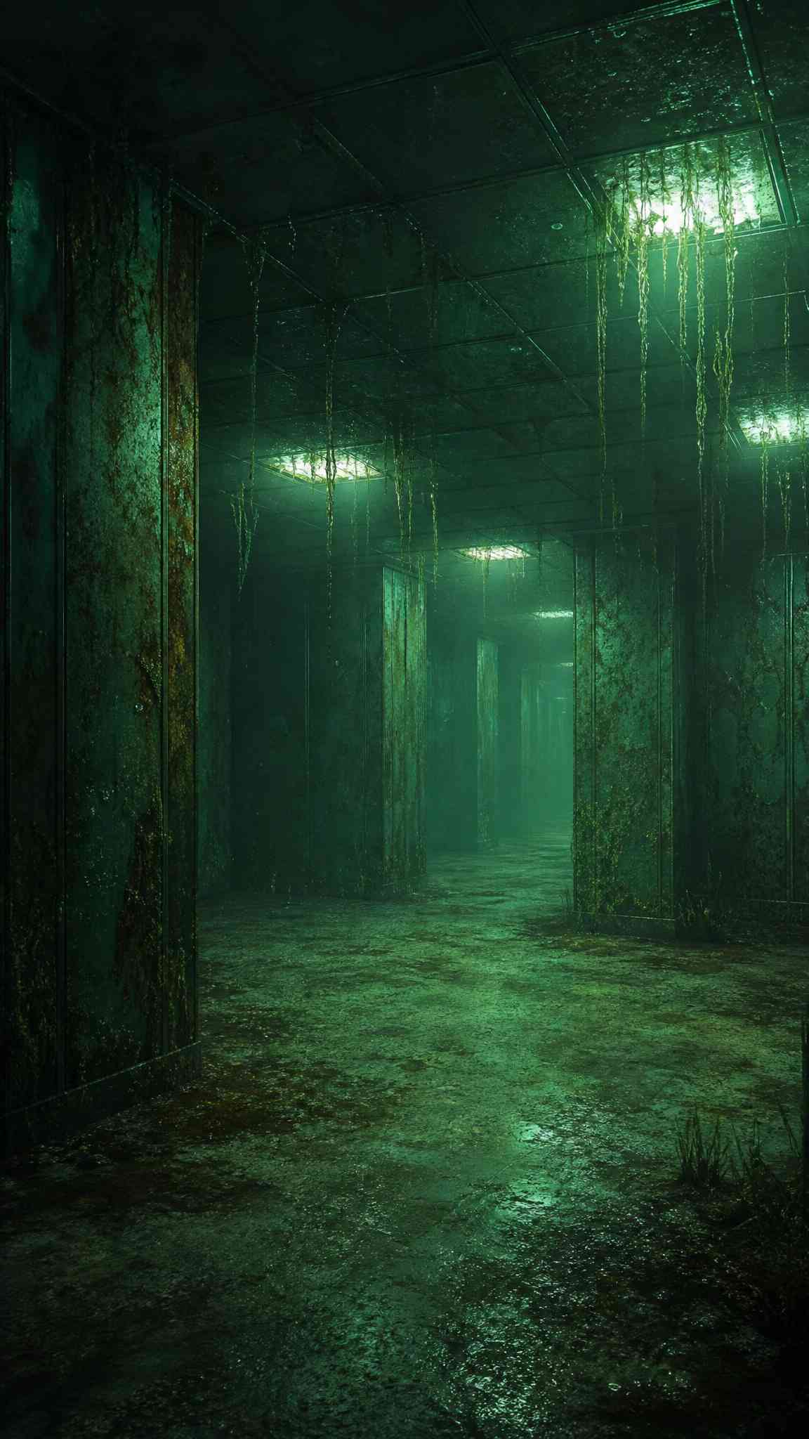 Eerie Abandoned Hallway with Green Glow 4K Wallpaper
