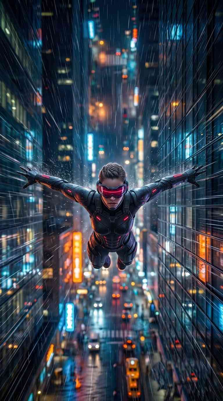 Chica Cyberpunk Volando - 4K Fondos de Pantalla