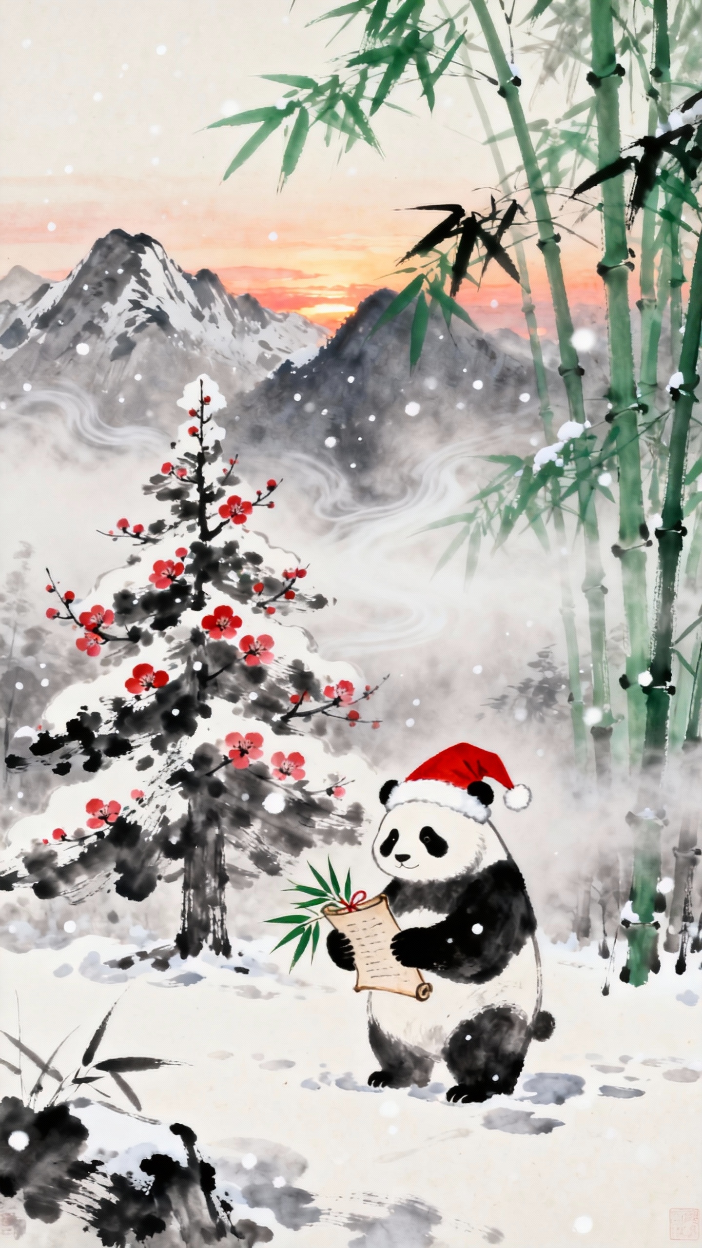 Weihnachts-Panda Tuschemalerei - 4K Hintergrund