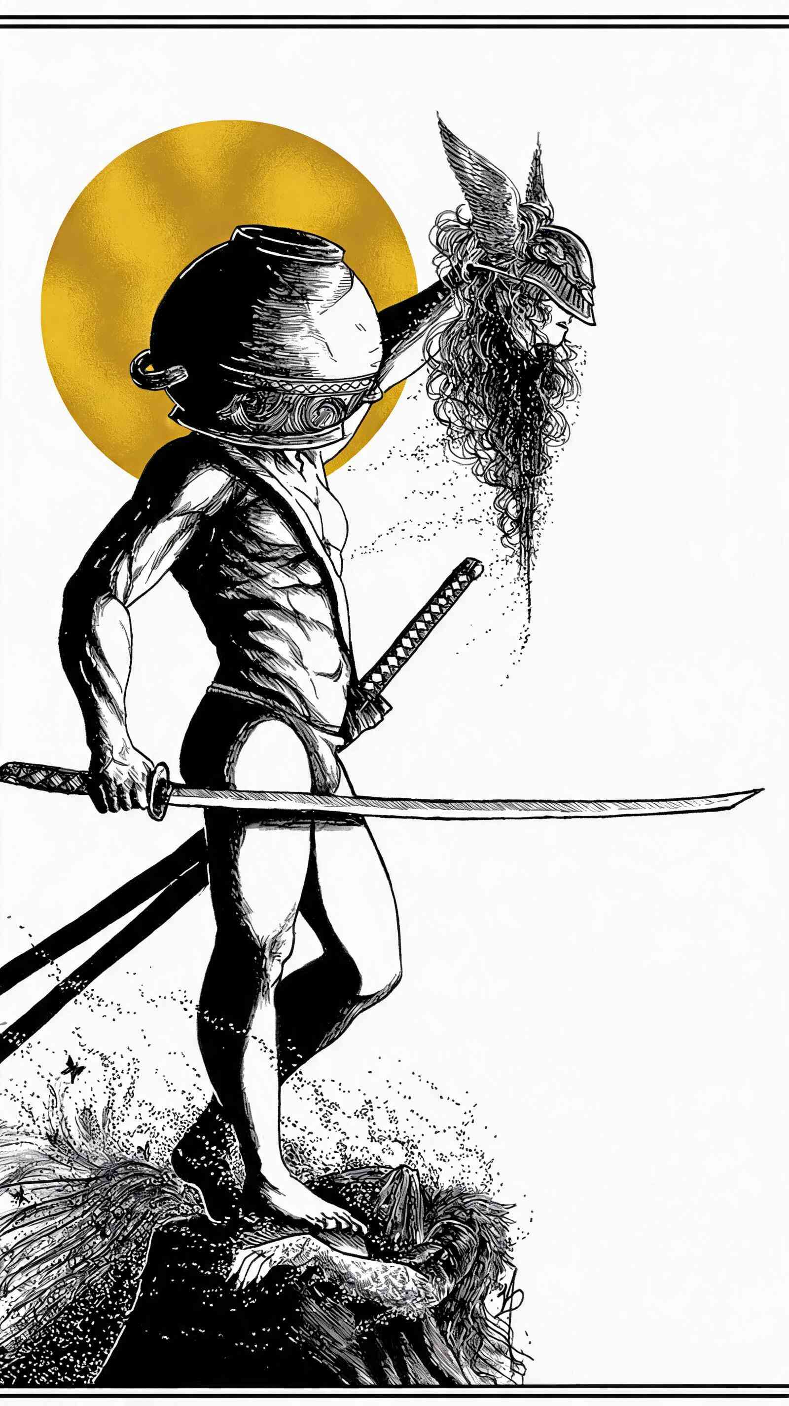Elden Ring Samurai mit Goldener Sonne 4K Hintergrundbild