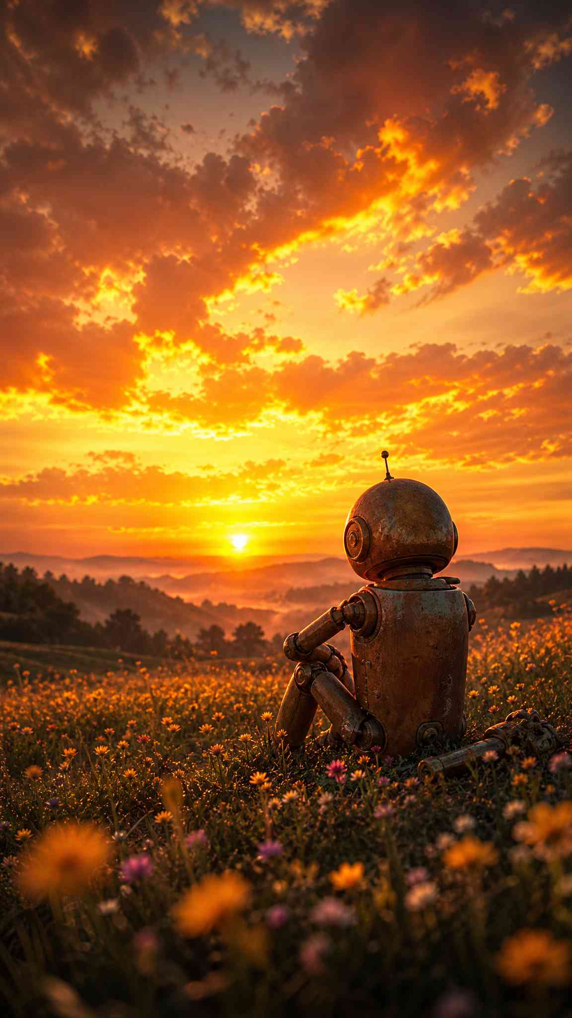 Lonely Robot Sunset Meadow - 4K Phone Background