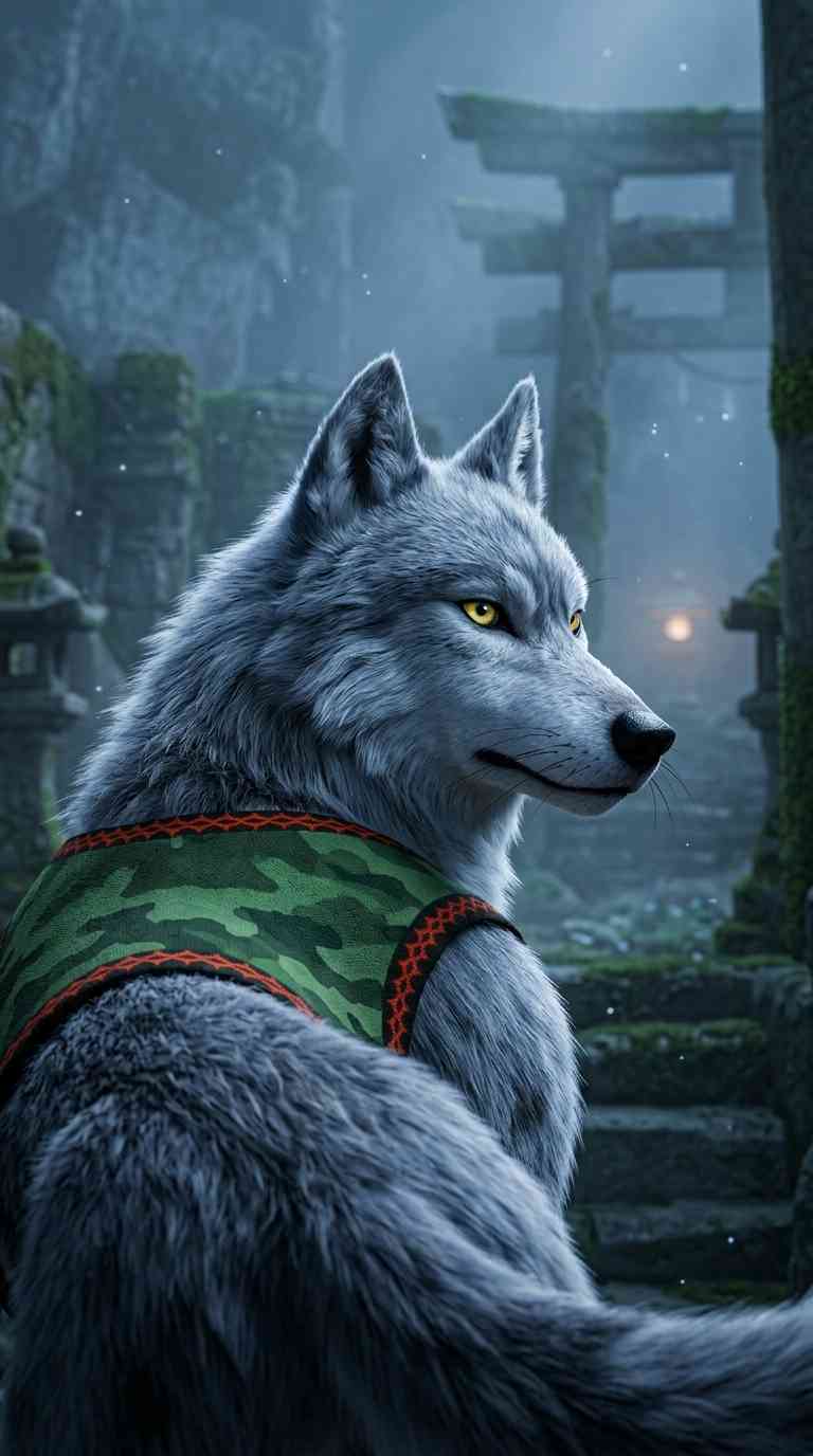 Mystical Grey Wolf Shrine - 4K Phone Background