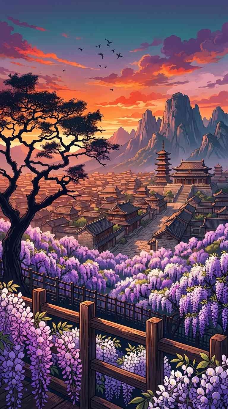 Pueblo Japonés y Glicinas - Fondo de Pantalla 4K
