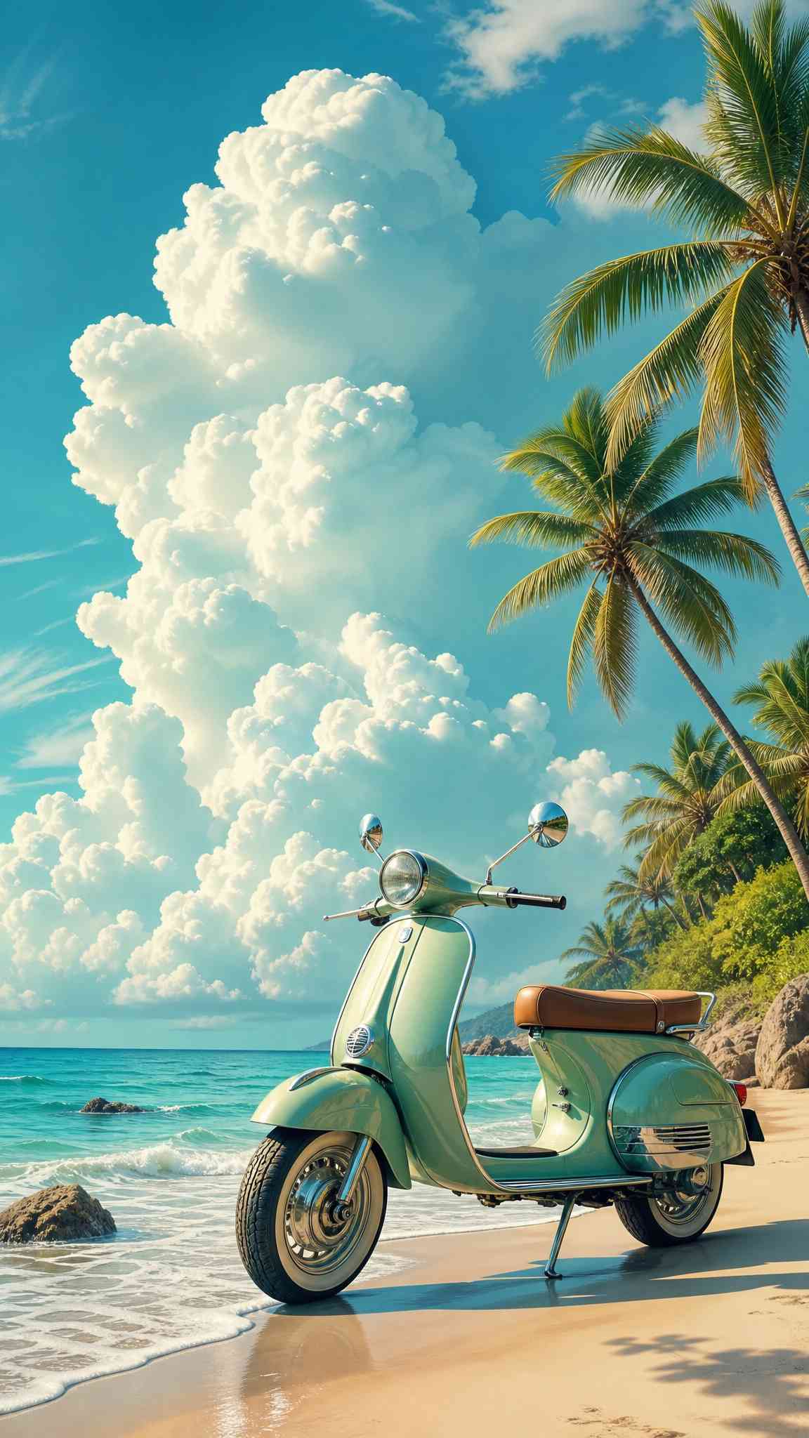 Vintage Scooter Tropical Beach - 4K Wallpaper