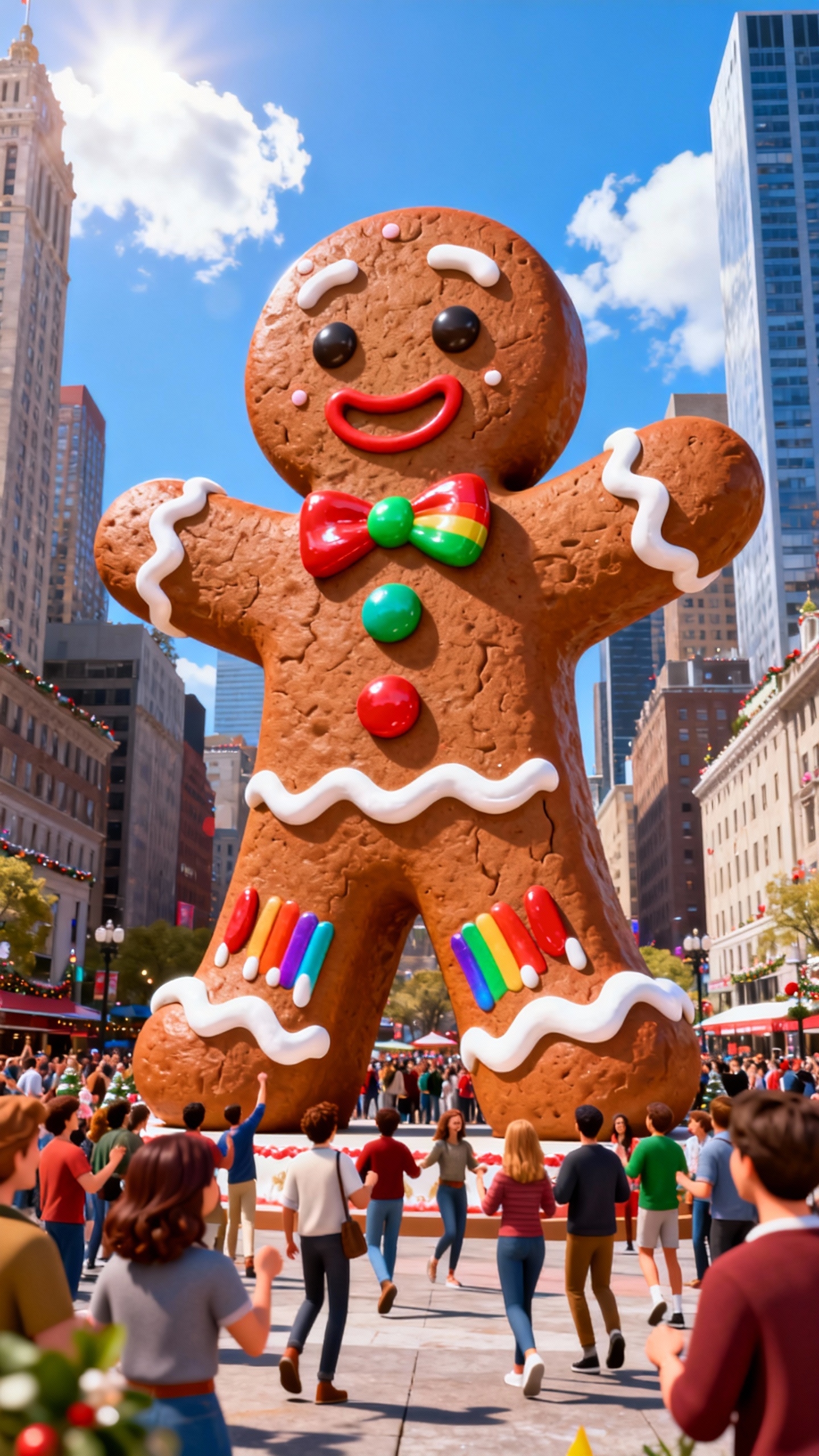 晴天の都市広場に立つ、笑顔の巨大なジンジャーブレッドマンのバルーンとそれを見上げる人々。
