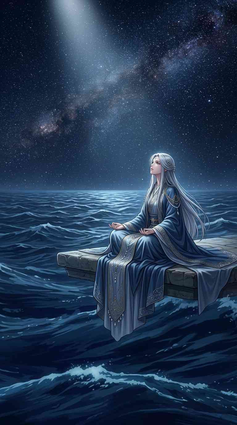 Diosa Meditando frente al Mar - Fondo de Pantalla 4K