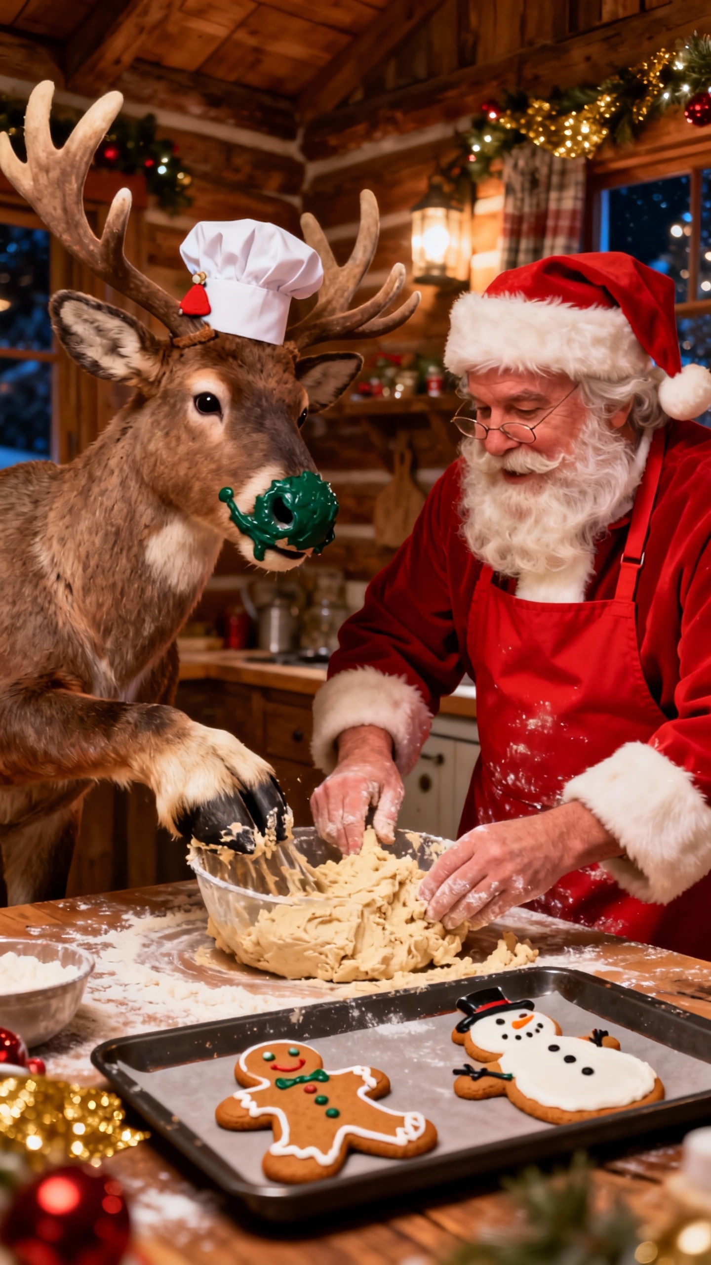 Weihnachtsmann und Rentier beim Backen - 4K Wallpaper
