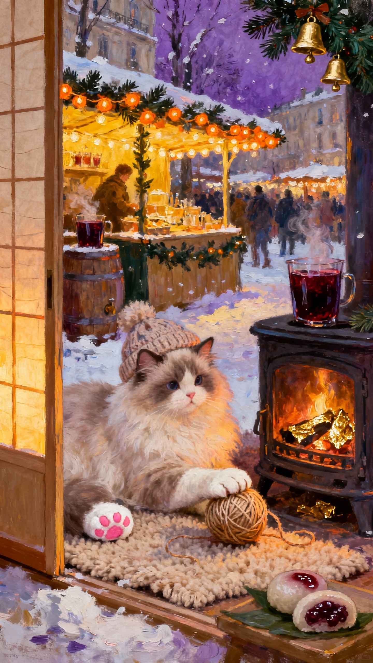 Chat Cosy au Marché de Noël - Fond d'écran 4K