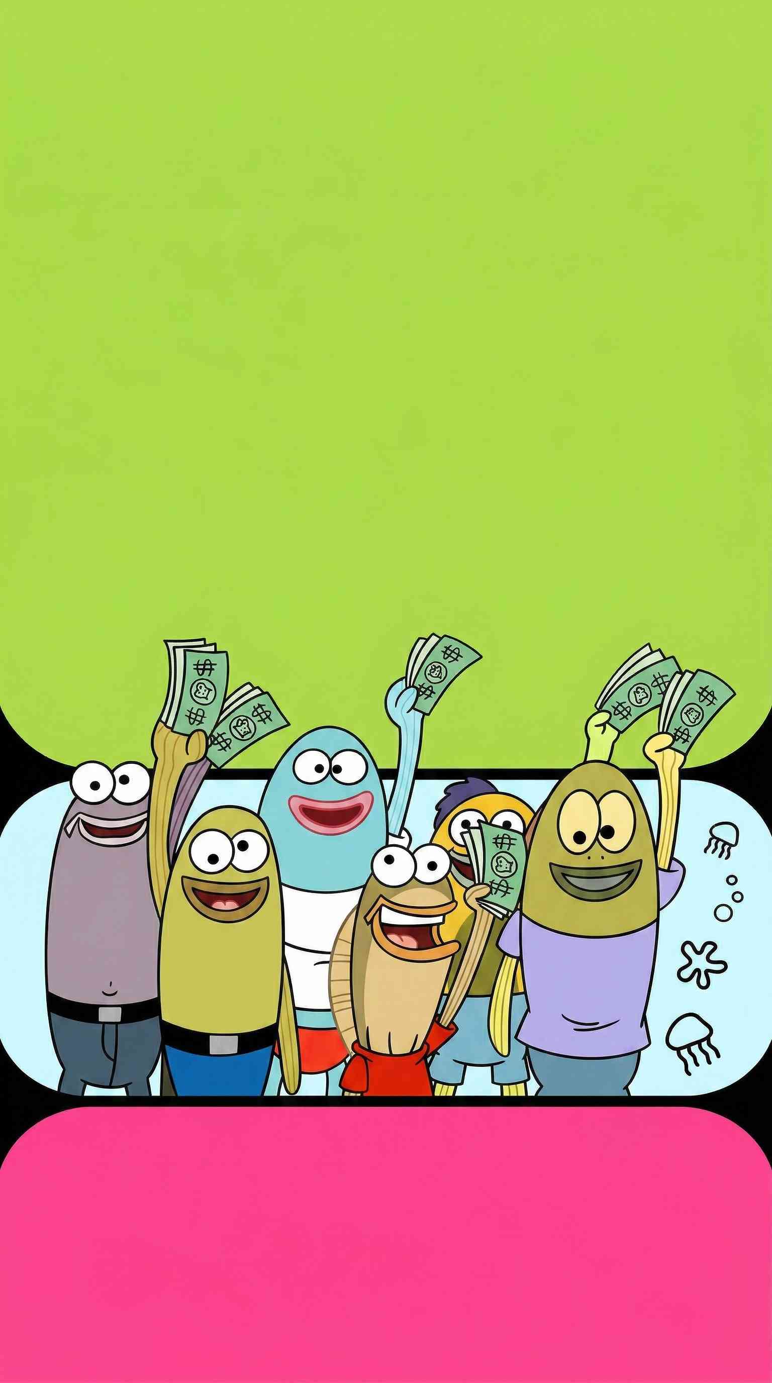 SpongeBob Fish Crowd Money - 4K Wallpaper