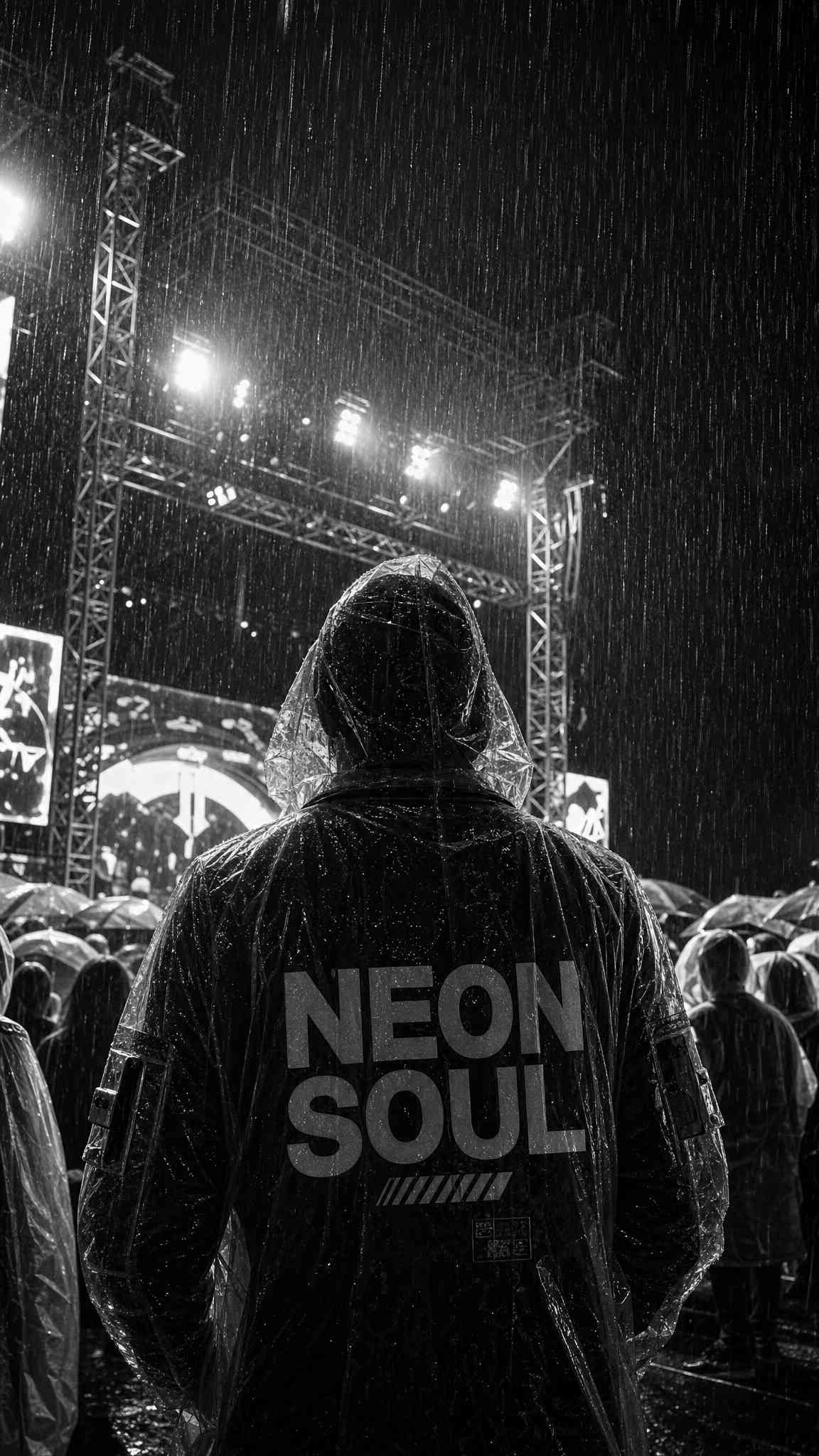 Neon Soul Concert in Rain - Black & White 4K Wallpaper