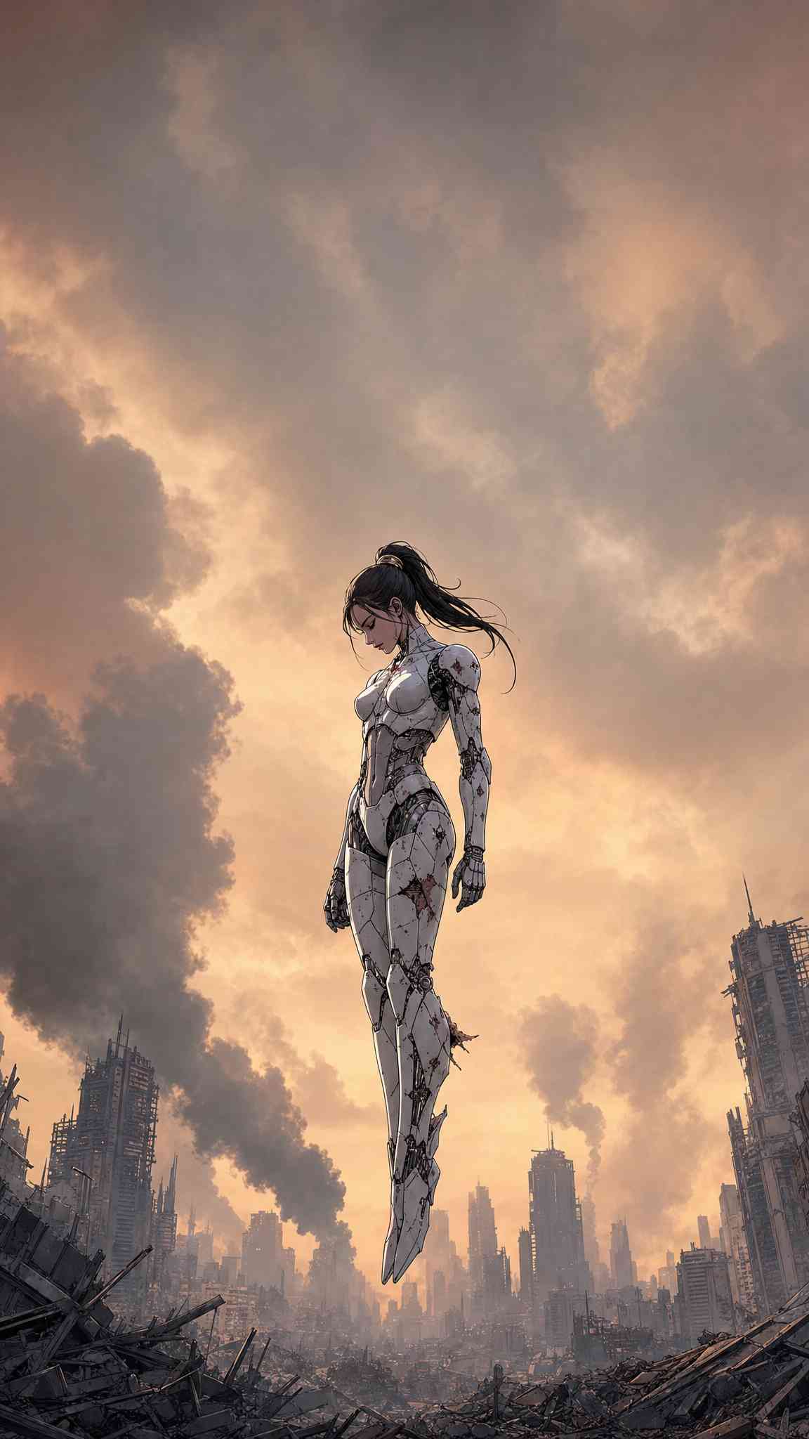 Cyborg Mädchen in Ruinenstadt - 4K Hintergrundbild