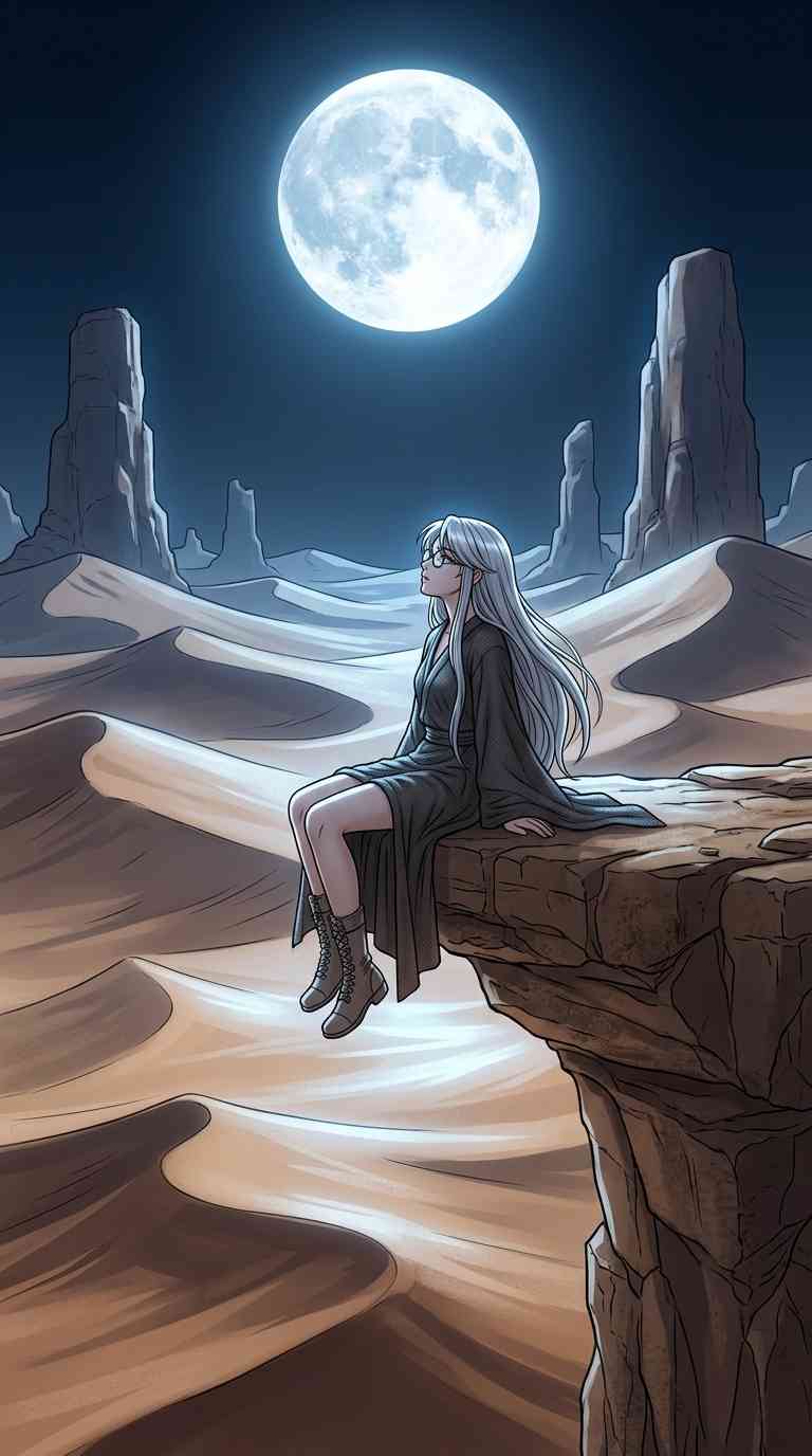 Anime Mädchen Wüste Vollmond - 4K Wallpaper