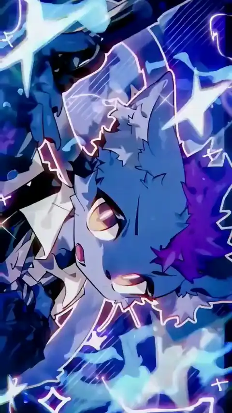 Blue Anime Cat Neon Glitch - 4K Live Wallpaper
