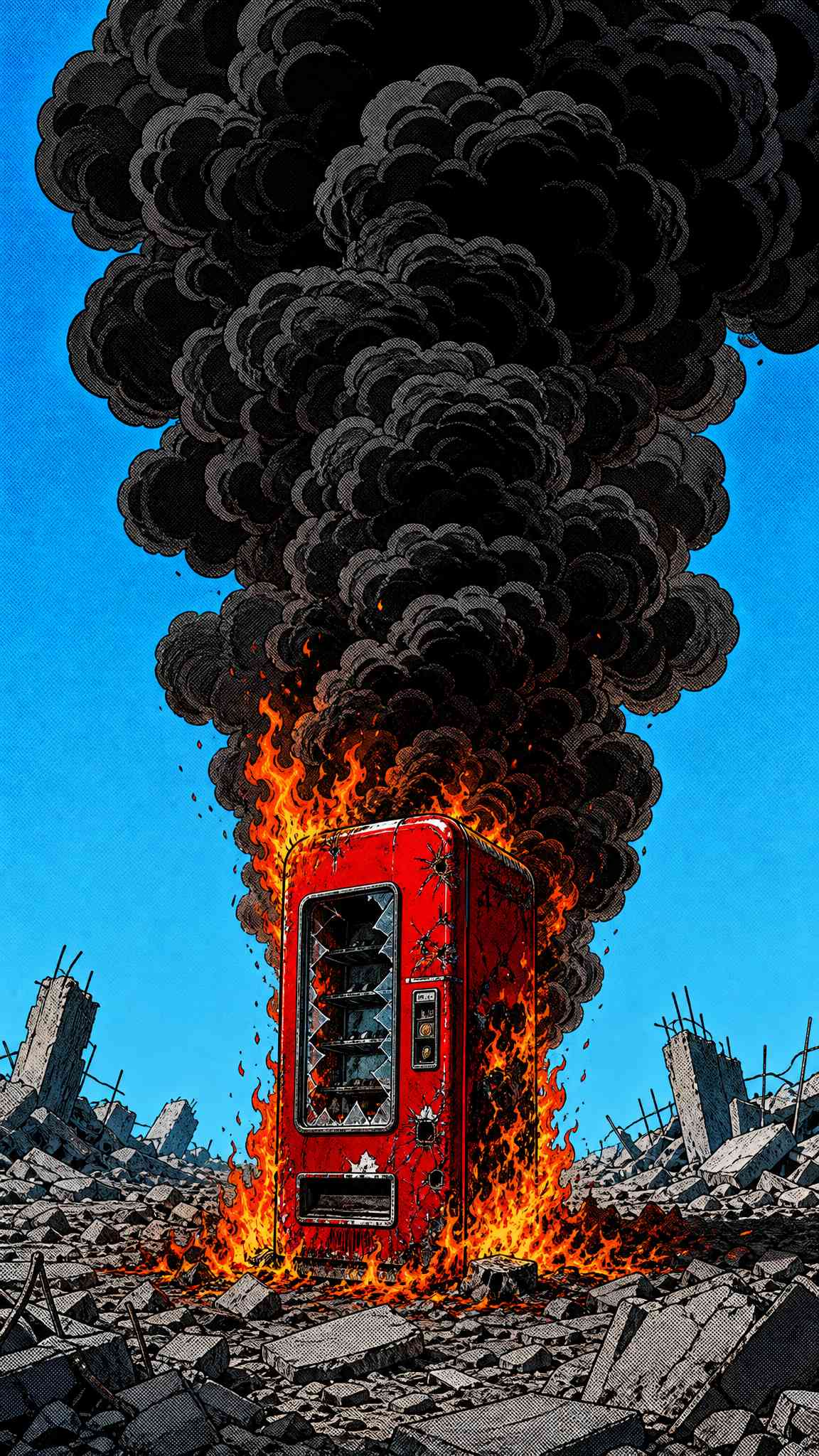 Burning Vending Machine Comic Art - 4K Wallpaper
