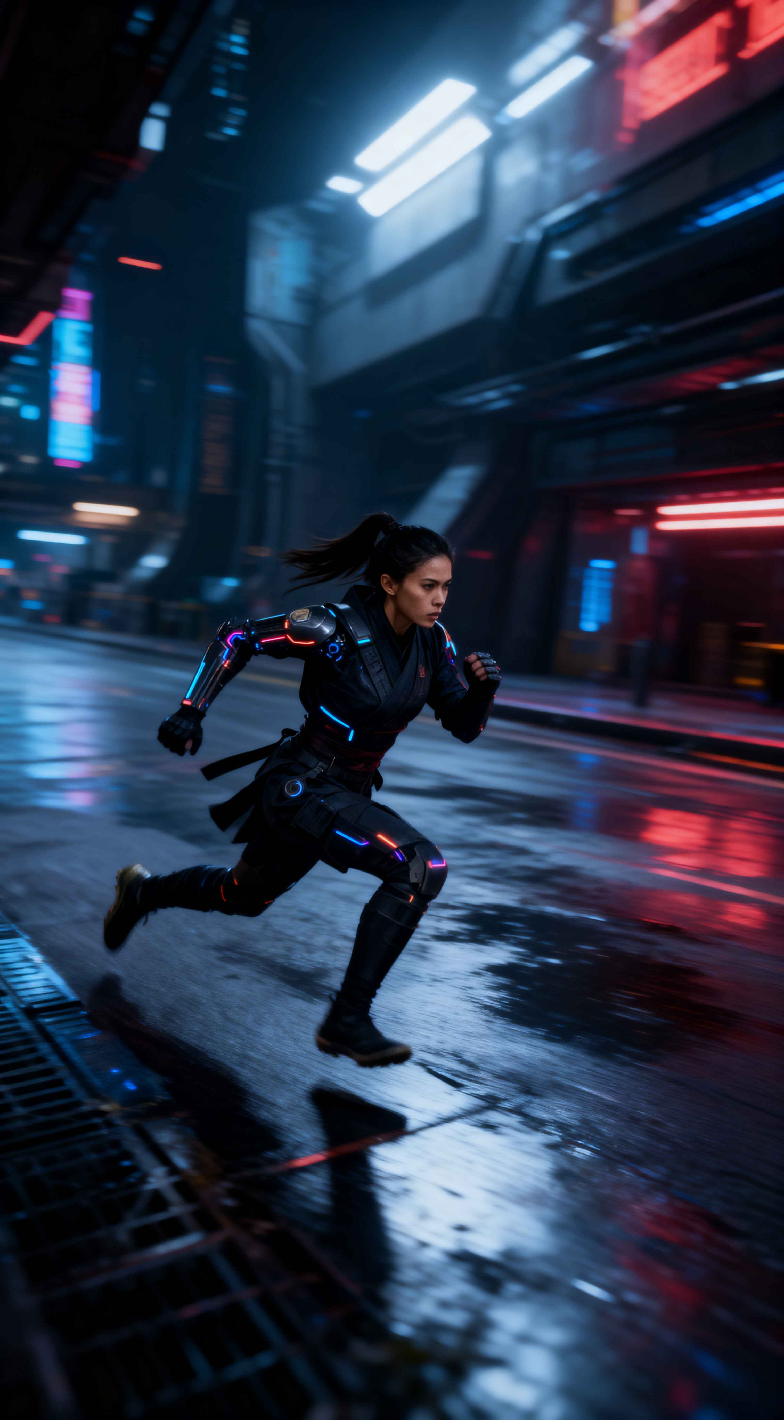 Cyberpunk Ninja Girl Action - 4K Wallpaper