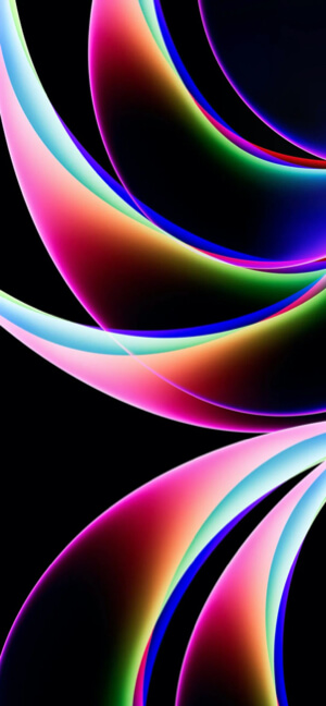 칠흑 같은 배경 위에서 핑크, 그린, 블루 컬러로 빛나는 선명한 네온 곡선.