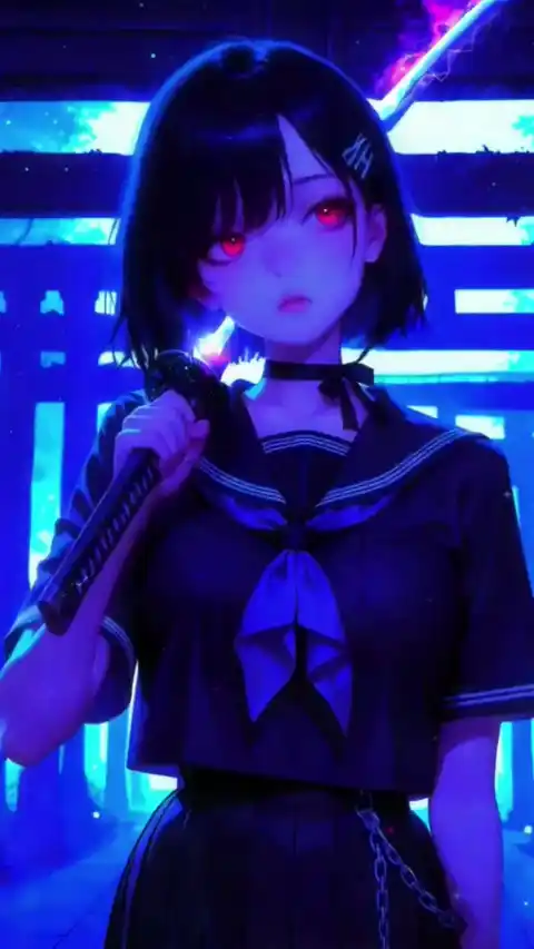 刀を持つアニメ女子 ネオンサイバーパンク - ライブ壁紙