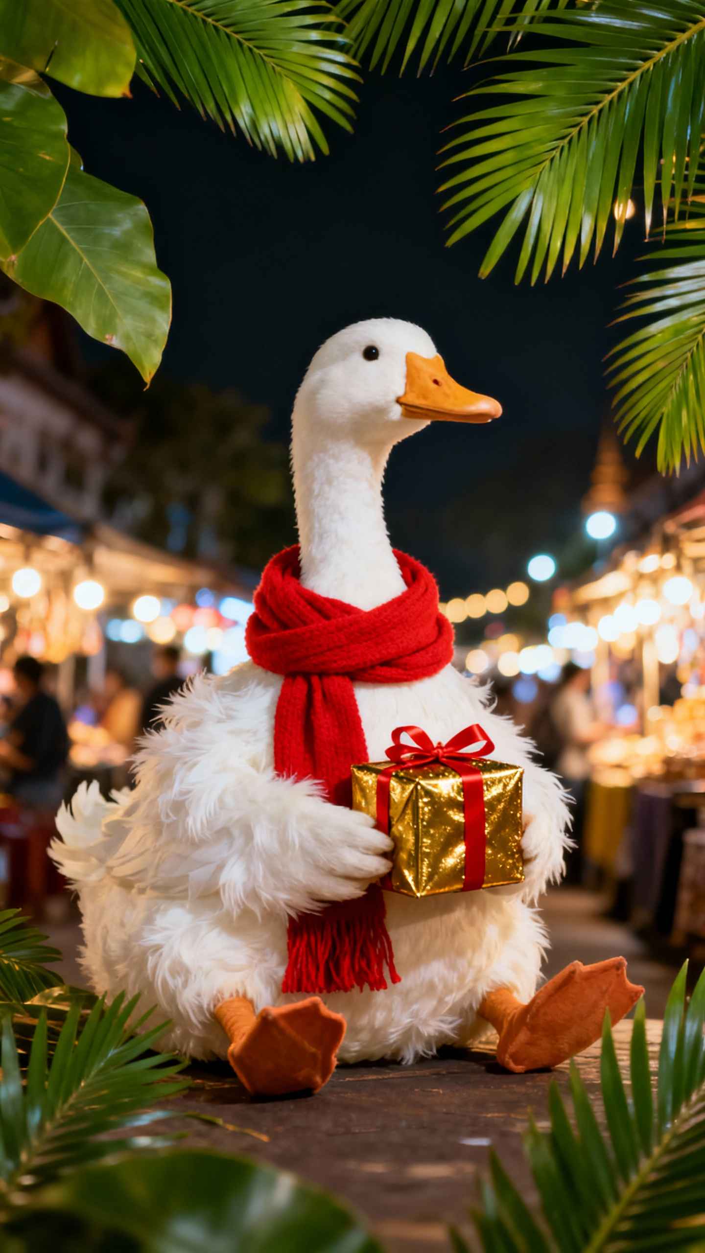 Weihnachtsente mit Goldenem Geschenk - 4K Wallpaper