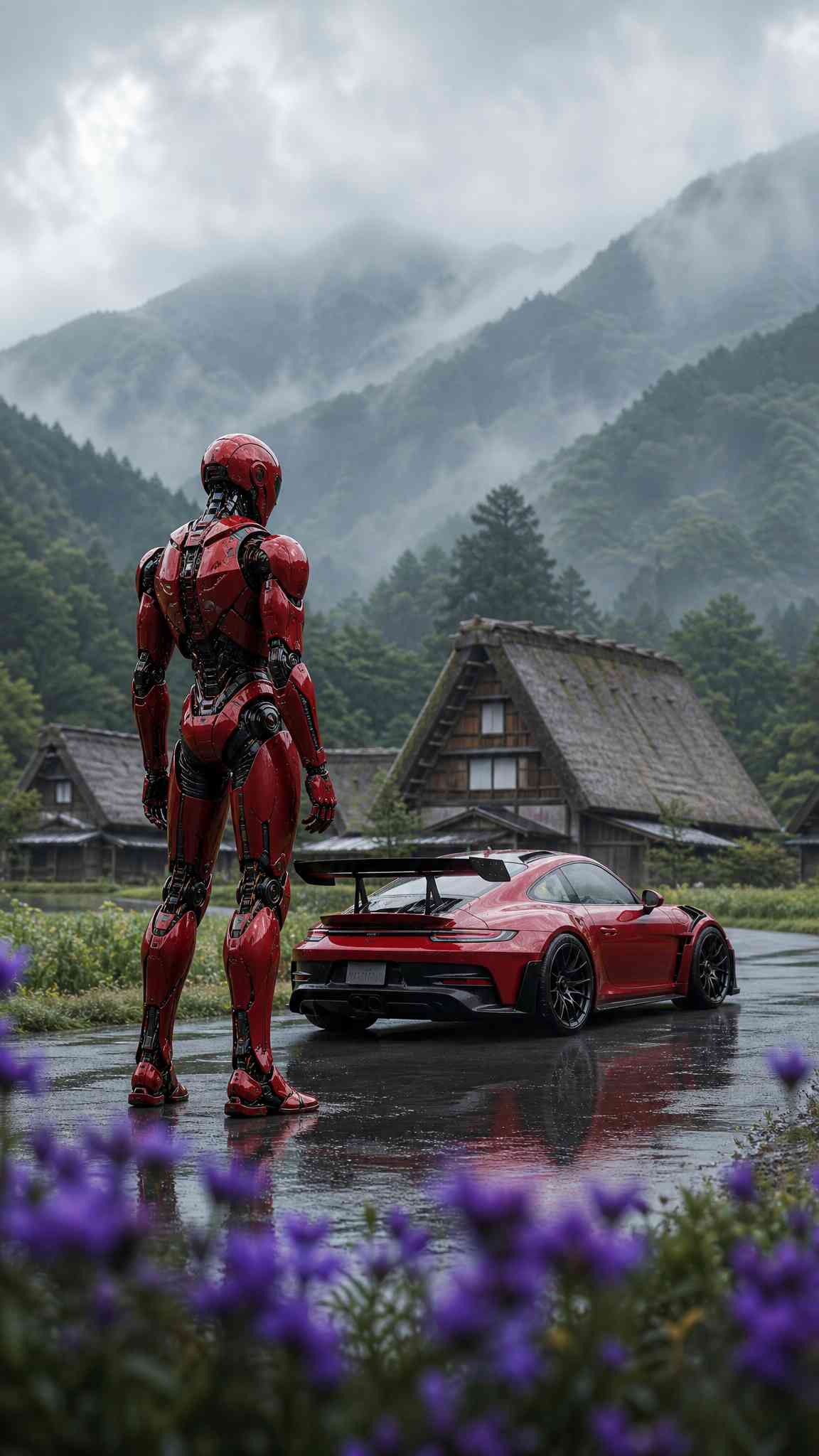 Red Robot & Porsche 911 GT3 RS - 4K Phone Wallpaper
