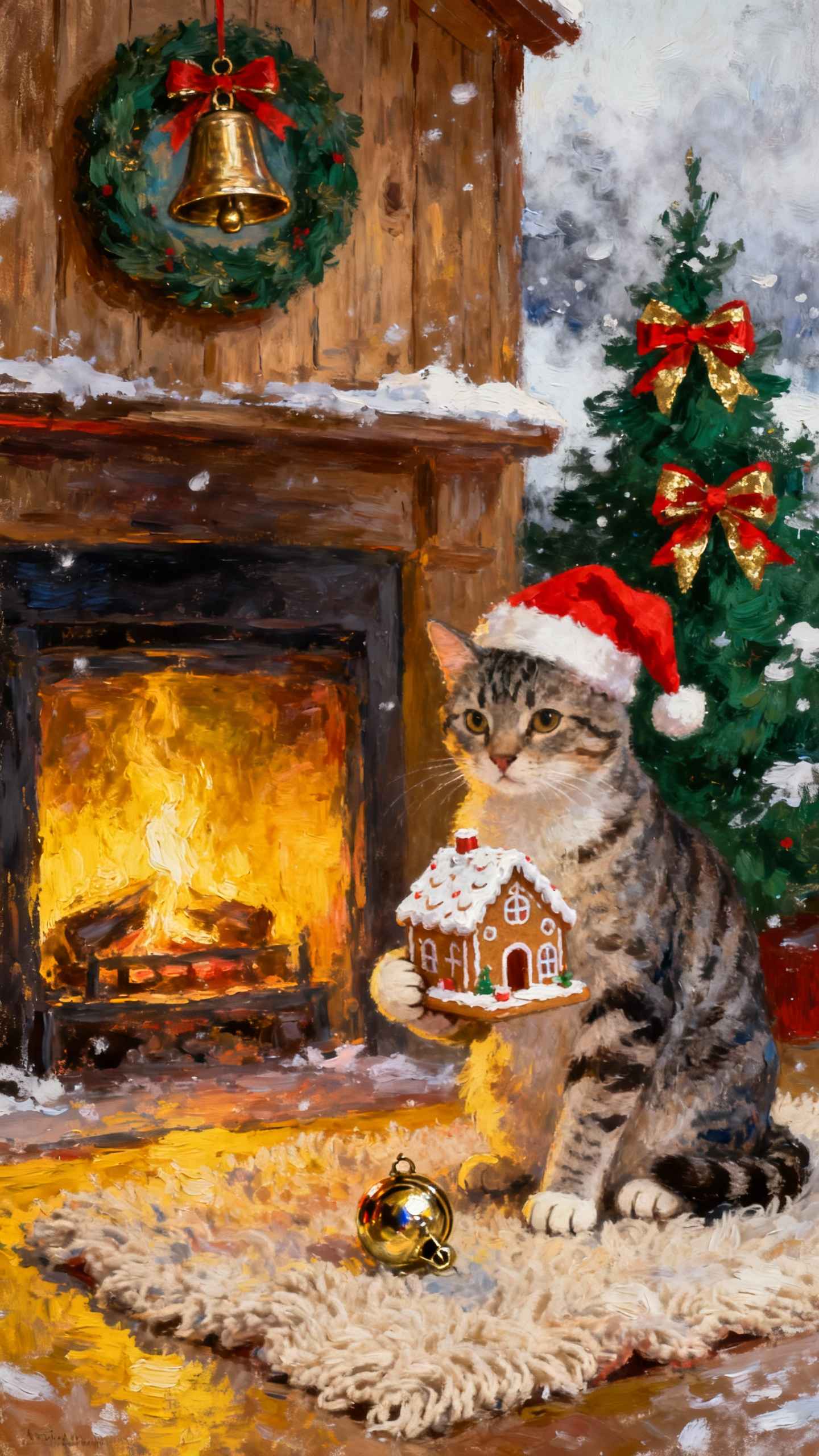 クリスマスの猫とジンジャーブレッドハウス - 4K待ち受け