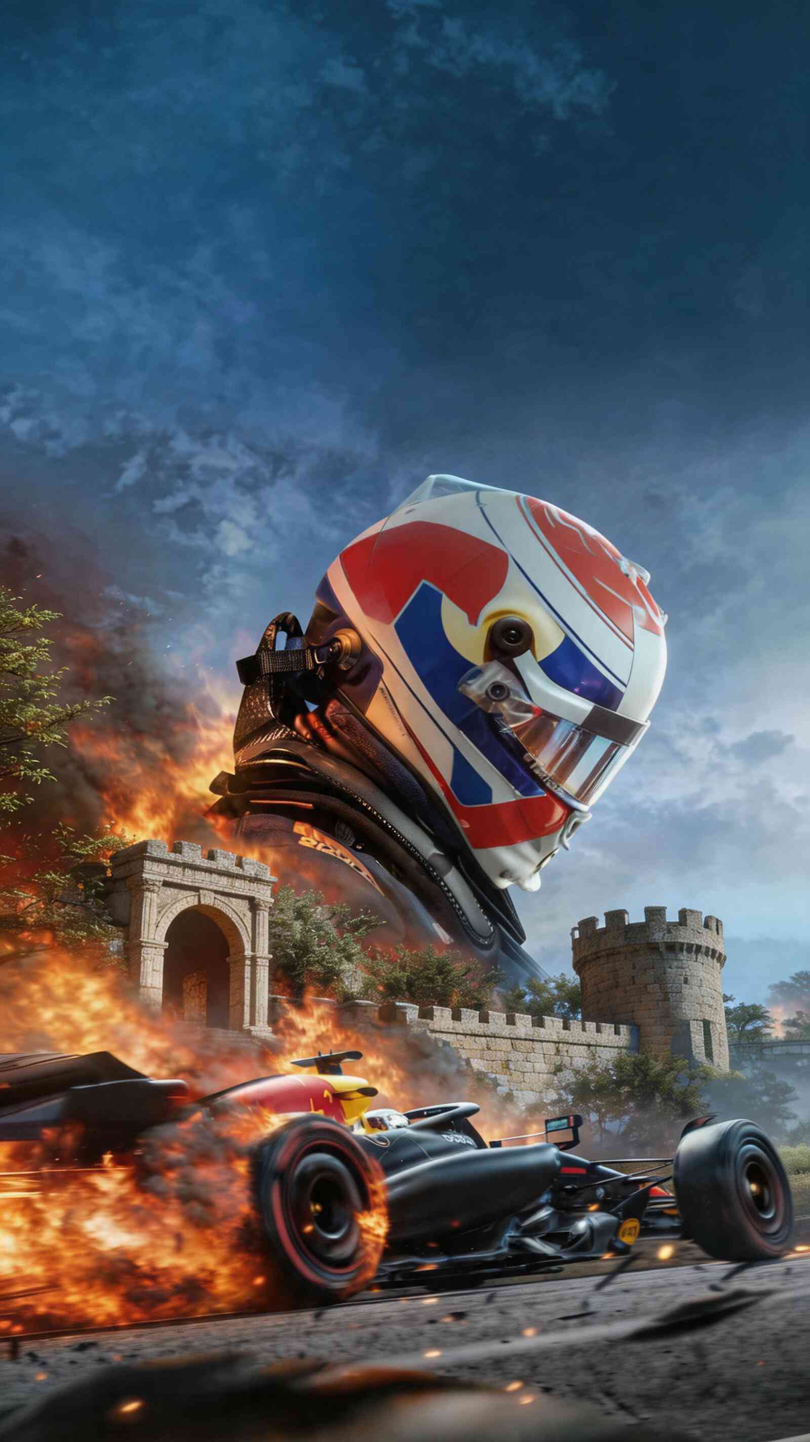 Epic F1 Racing Wallpaper: Helmet, Fire & Speed