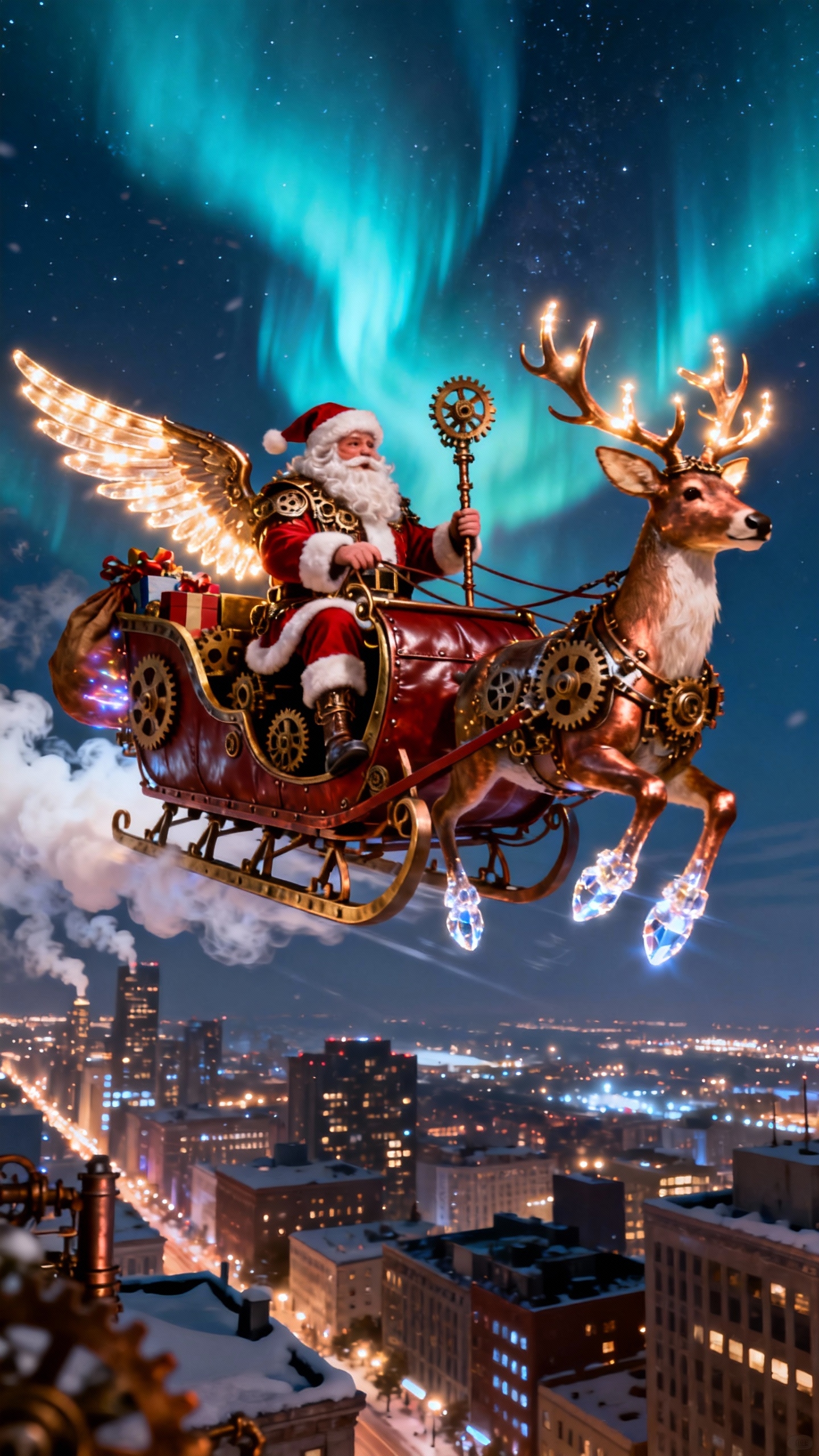 Steampunk Santa Flying Sleigh - 4K Wallpaper