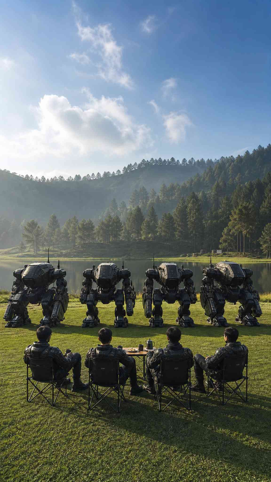 Pilotes de Mecha au Lac - Fond d'Écran 4K