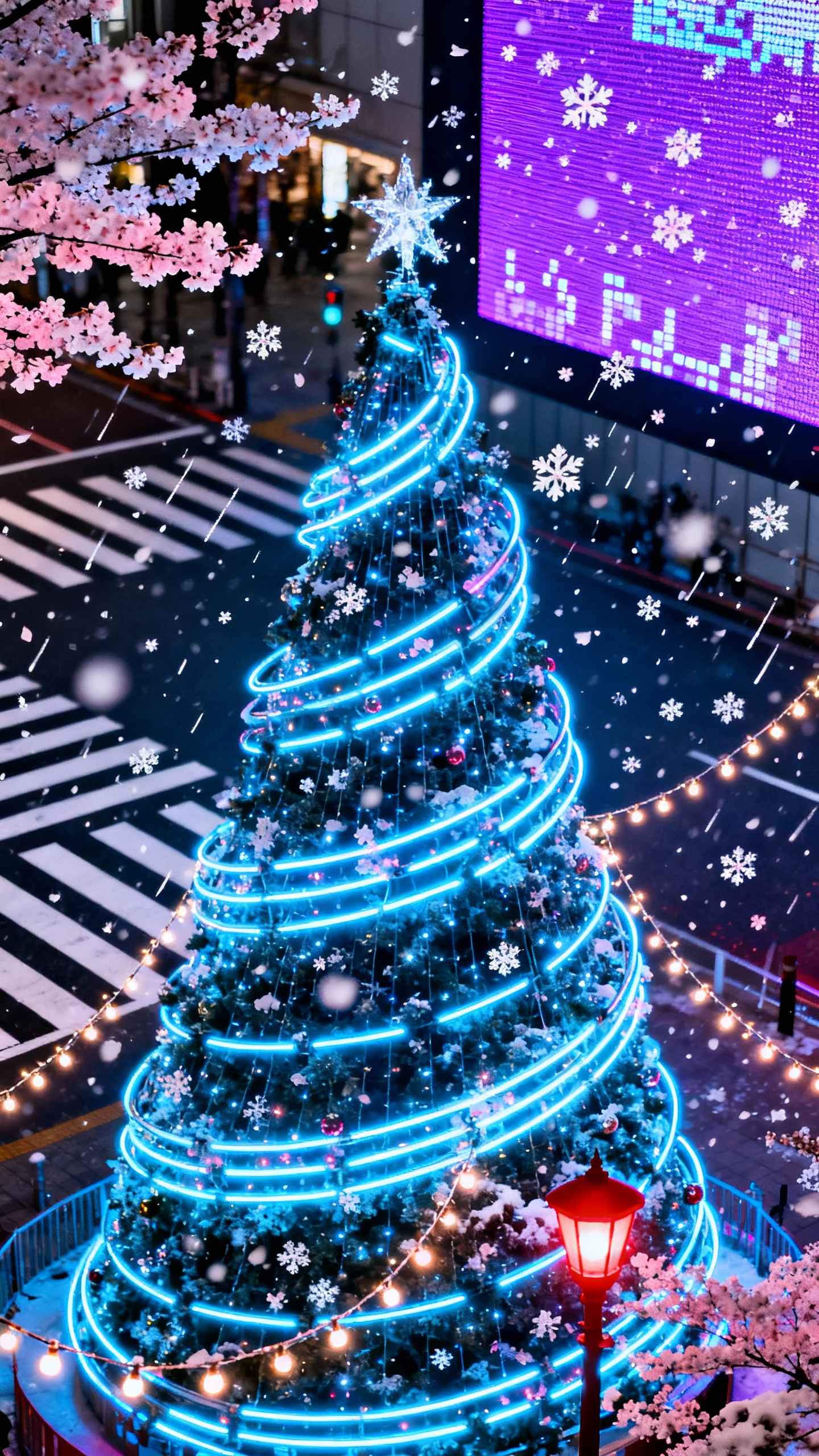 Neon Blauer Weihnachtsbaum & Sakura - 4K Wallpaper