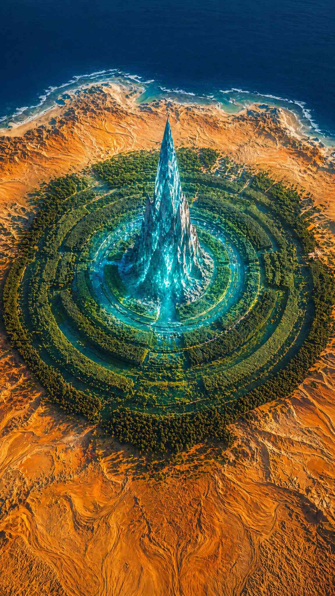 Futuristic Crystal City Oasis: A Desert Paradise 4K Wallpaper