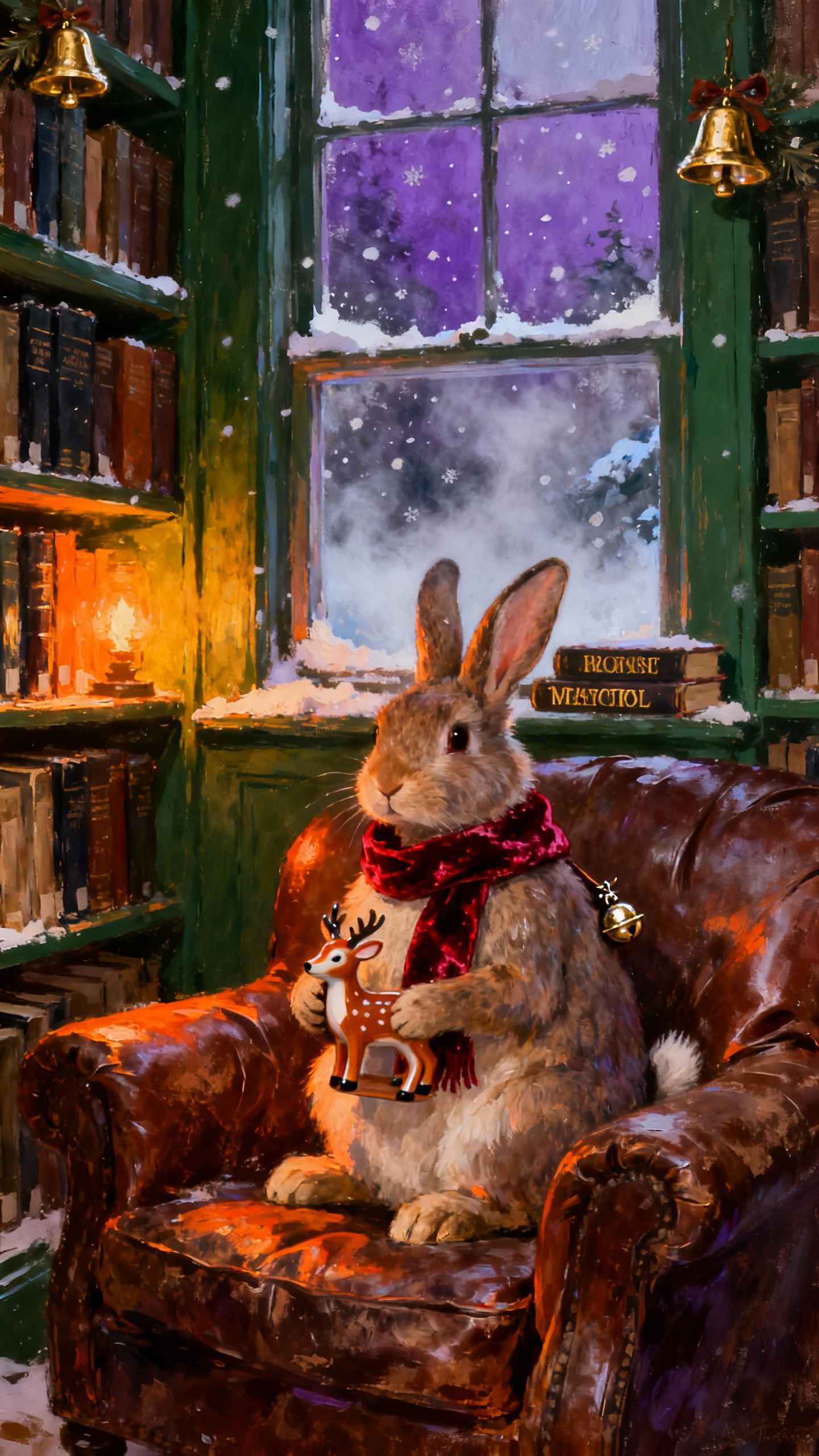Winterlicher Hase in Bibliothek - 4K Wallpaper