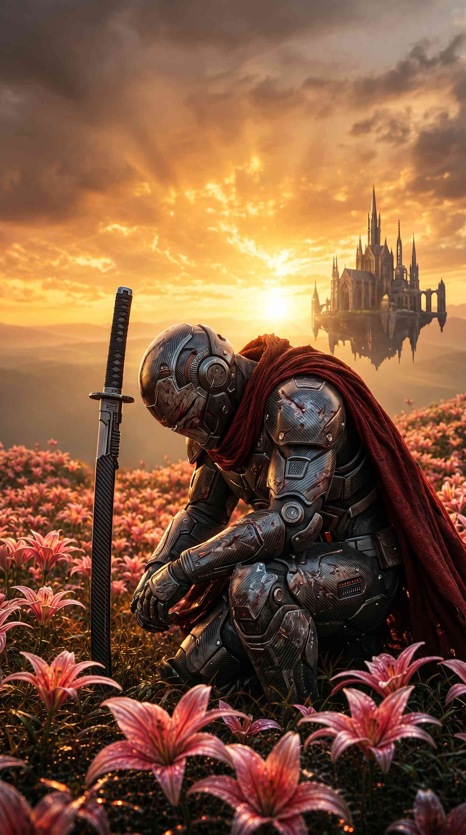 Cyber Knight Sunset Field - 4K Wallpaper