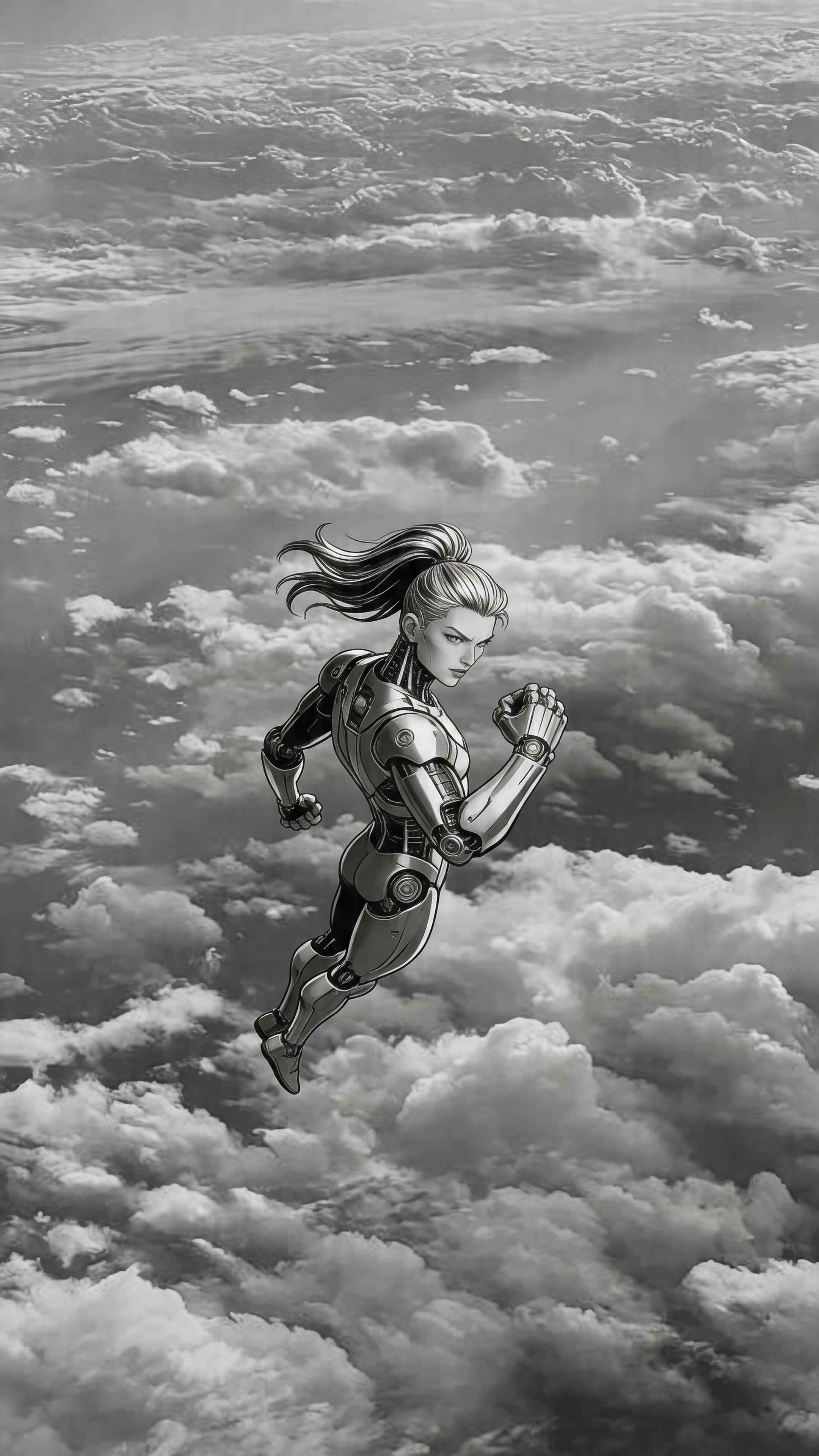 Female Cyborg Cloud Flight - 4K Wallpapers