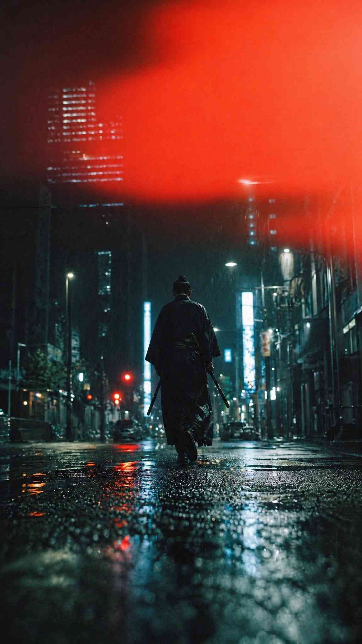 Samurai in Rainy City Night: Atmospheric 4K Phone Wallpaper
