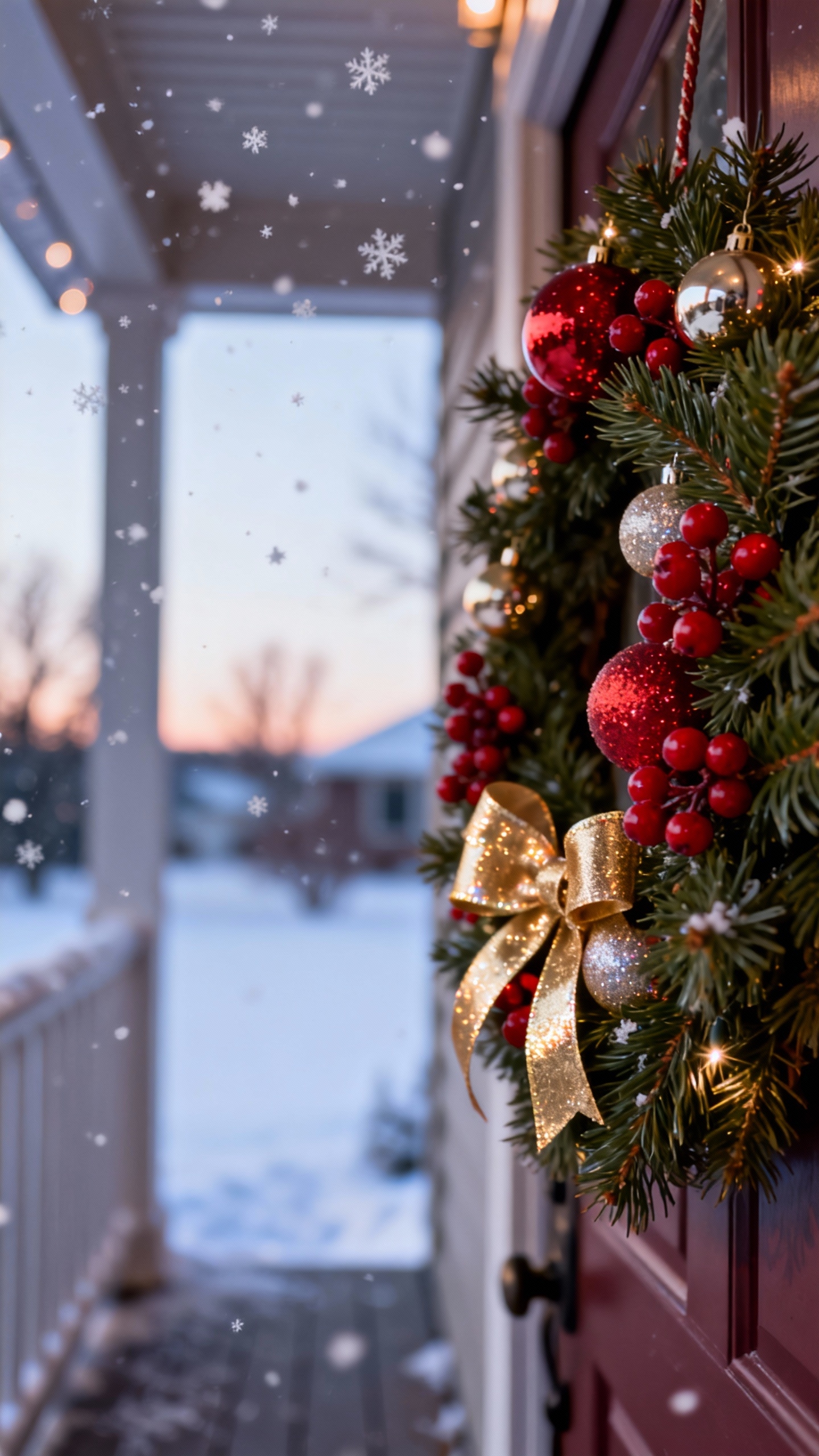 クリスマスリースと雪の風景 - 4K壁紙・待ち受け