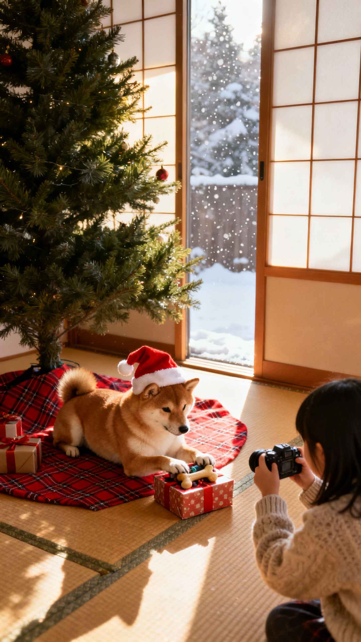 Shiba Inu Noël et Bonnet Rouge - Fond d'écran 4K